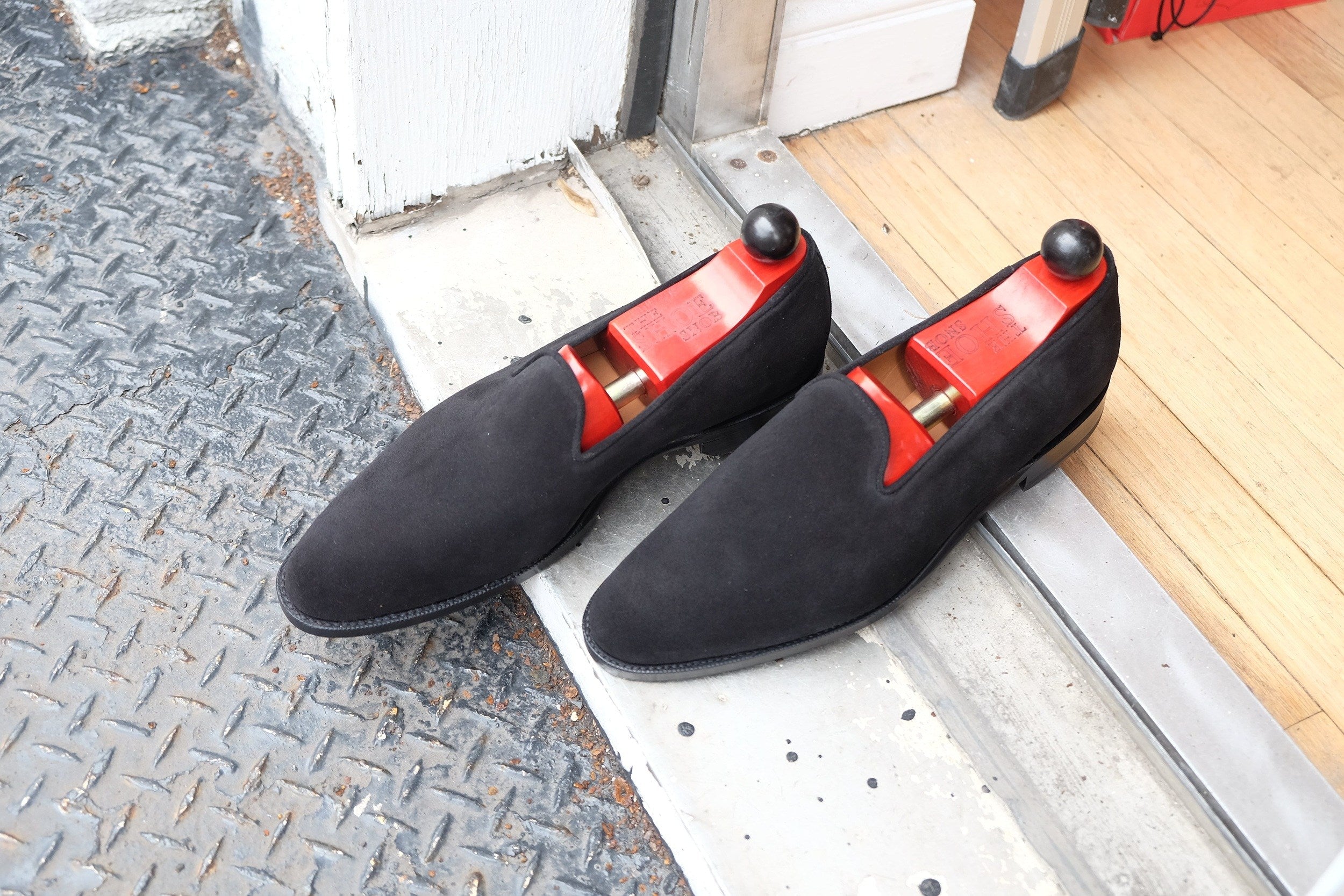 Laurelhurst II - MTO - Black Suede - TMG Last - Single Leather Sole-Made To Order Slipper Loafer Medallion-J.FitzPatrick Footwear