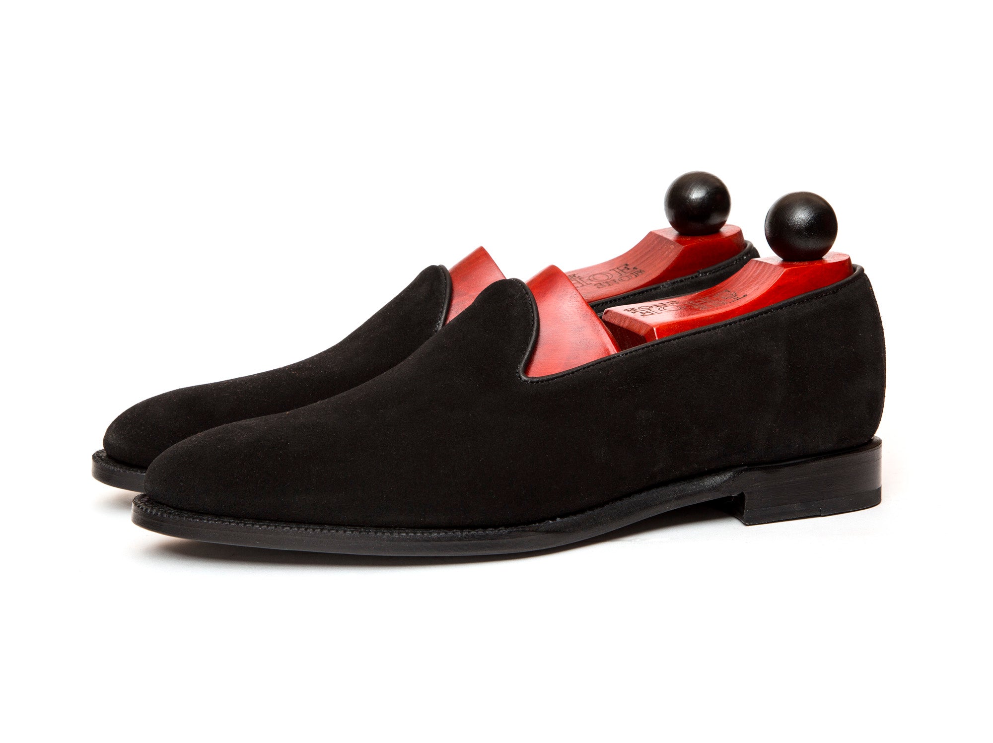 Laurelhurst II - MTO - Black Suede - TMG Last - Single Leather Sole-Made To Order Slipper Loafer Medallion-J.FitzPatrick Footwear