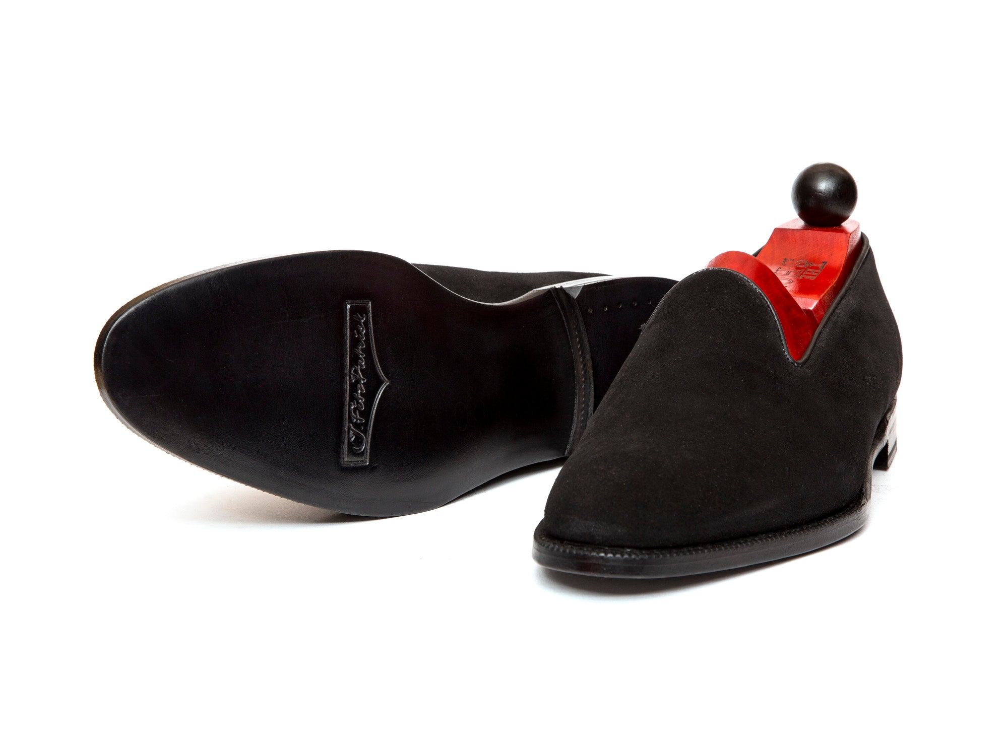Laurelhurst II - MTO - Black Suede - TMG Last - Single Leather Sole-Made To Order Slipper Loafer Medallion-J.FitzPatrick Footwear