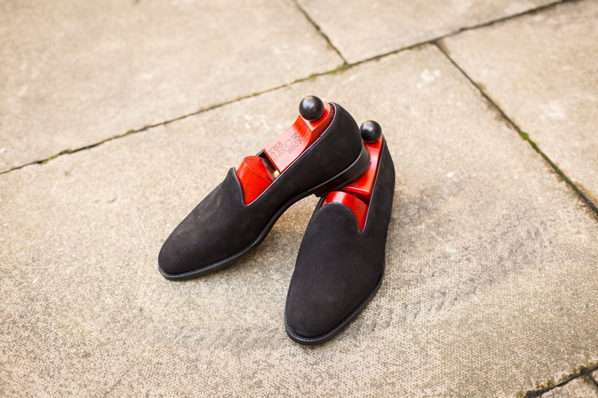 Laurelhurst II - MTO - Black Suede - TMG Last - Single Leather Sole-Made To Order Slipper Loafer Medallion-J.FitzPatrick Footwear