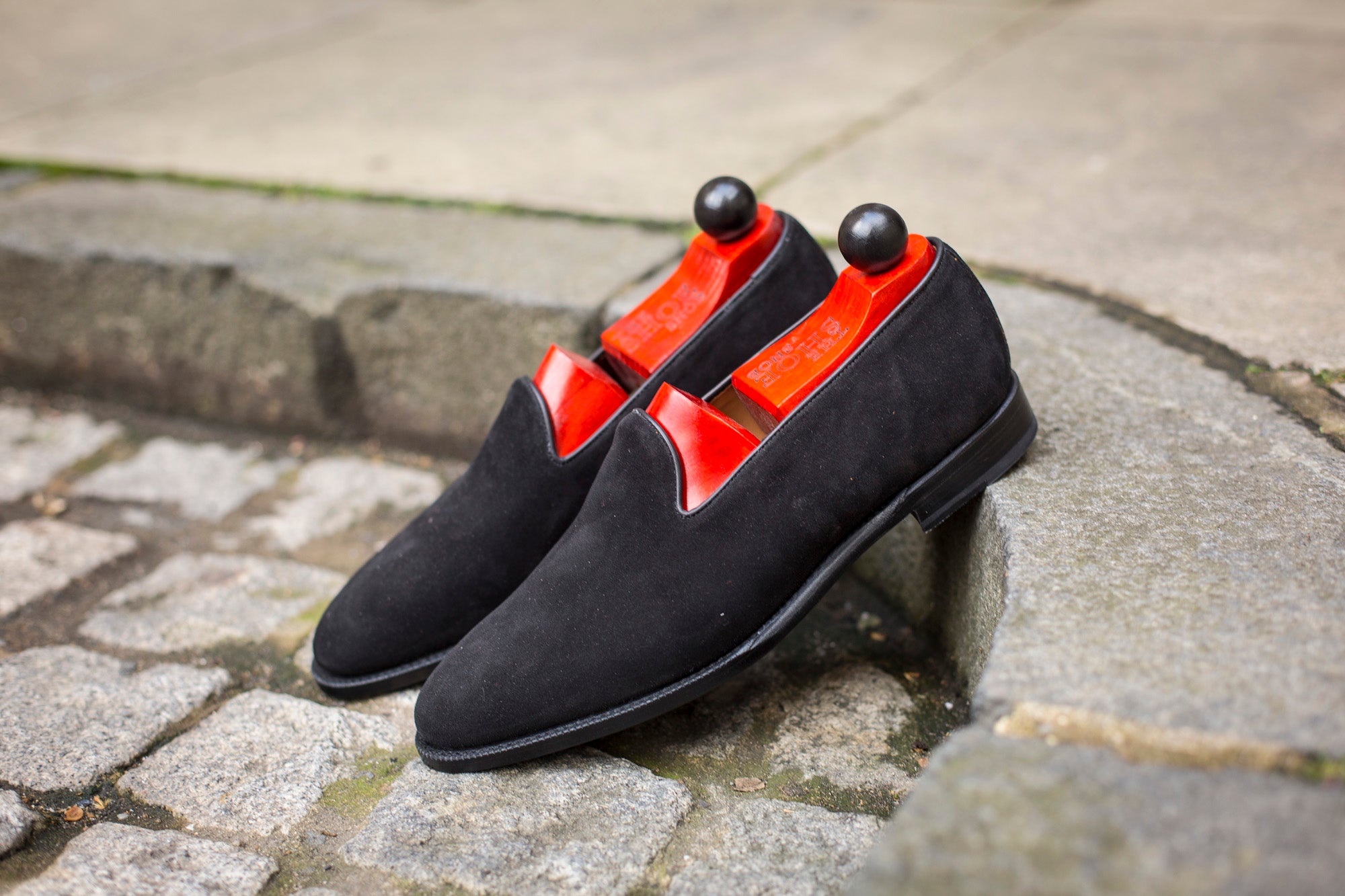 Laurelhurst II - MTO - Black Suede - TMG Last - Single Leather Sole-Made To Order Slipper Loafer Medallion-J.FitzPatrick Footwear