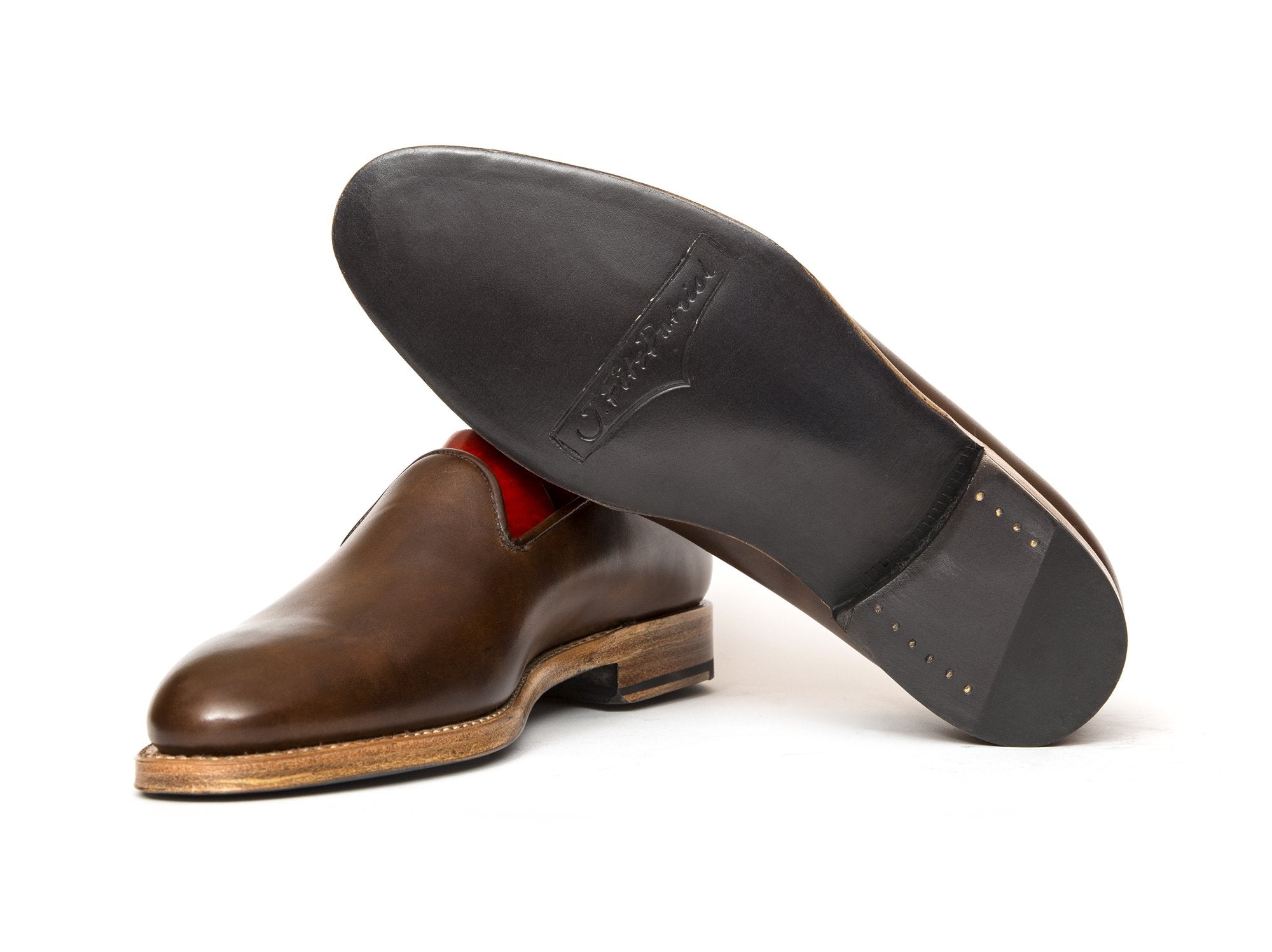 Laurelhurst II - MTO - Copper Museum Calf - TMG Last - Natural Single Leather Sole-Made To Order Slipper Loafer Medallion-J.FitzPatrick Footwear