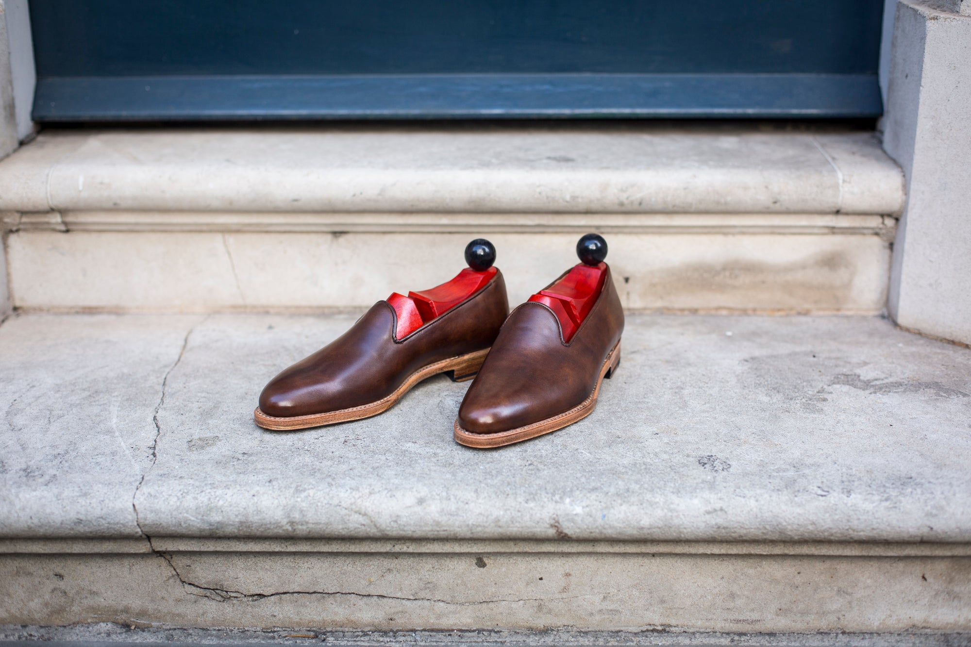 Laurelhurst II - MTO - Copper Museum Calf - TMG Last - Natural Single Leather Sole-Made To Order Slipper Loafer Medallion-J.FitzPatrick Footwear