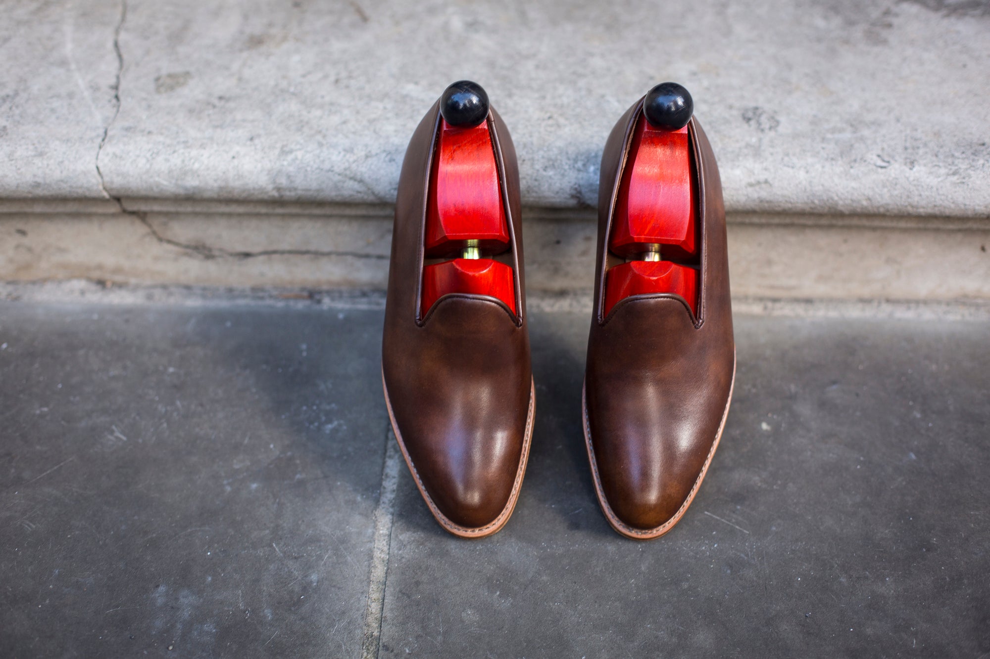 Laurelhurst II - MTO - Copper Museum Calf - TMG Last - Natural Single Leather Sole-Made To Order Slipper Loafer Medallion-J.FitzPatrick Footwear