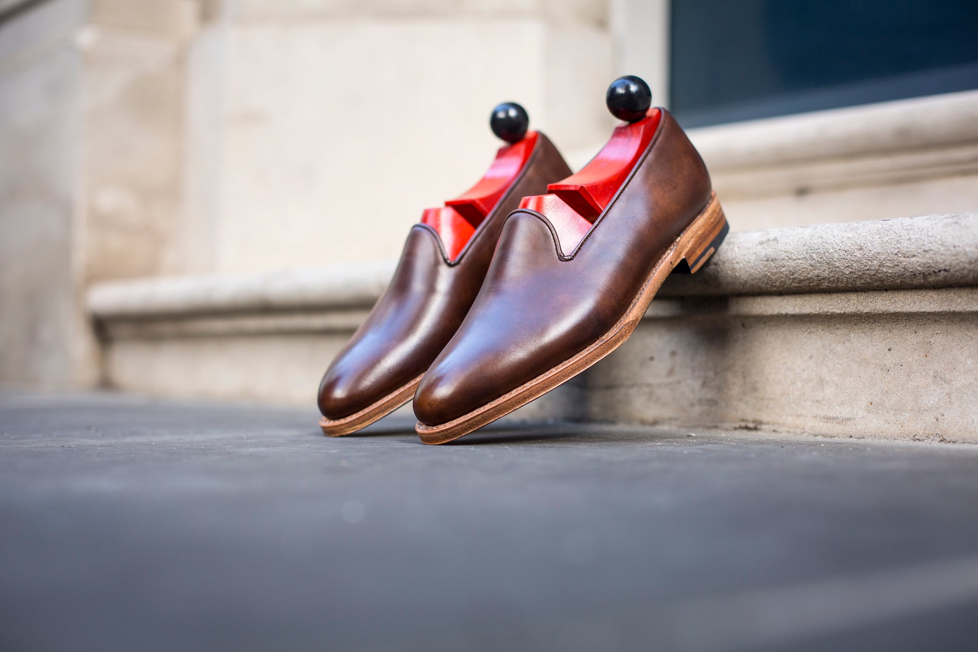 Laurelhurst II - MTO - Copper Museum Calf - TMG Last - Natural Single Leather Sole-Made To Order Slipper Loafer Medallion-J.FitzPatrick Footwear