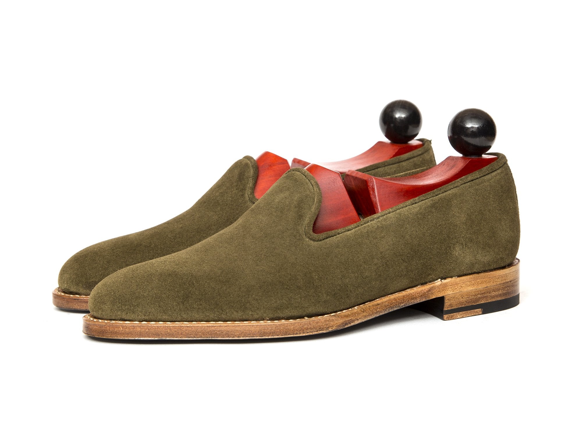 Laurelhurst II - MTO - Olive Suede - TMG Last - Natural Single Leather Sole-Made To Order Slipper Loafer Medallion-J.FitzPatrick Footwear
