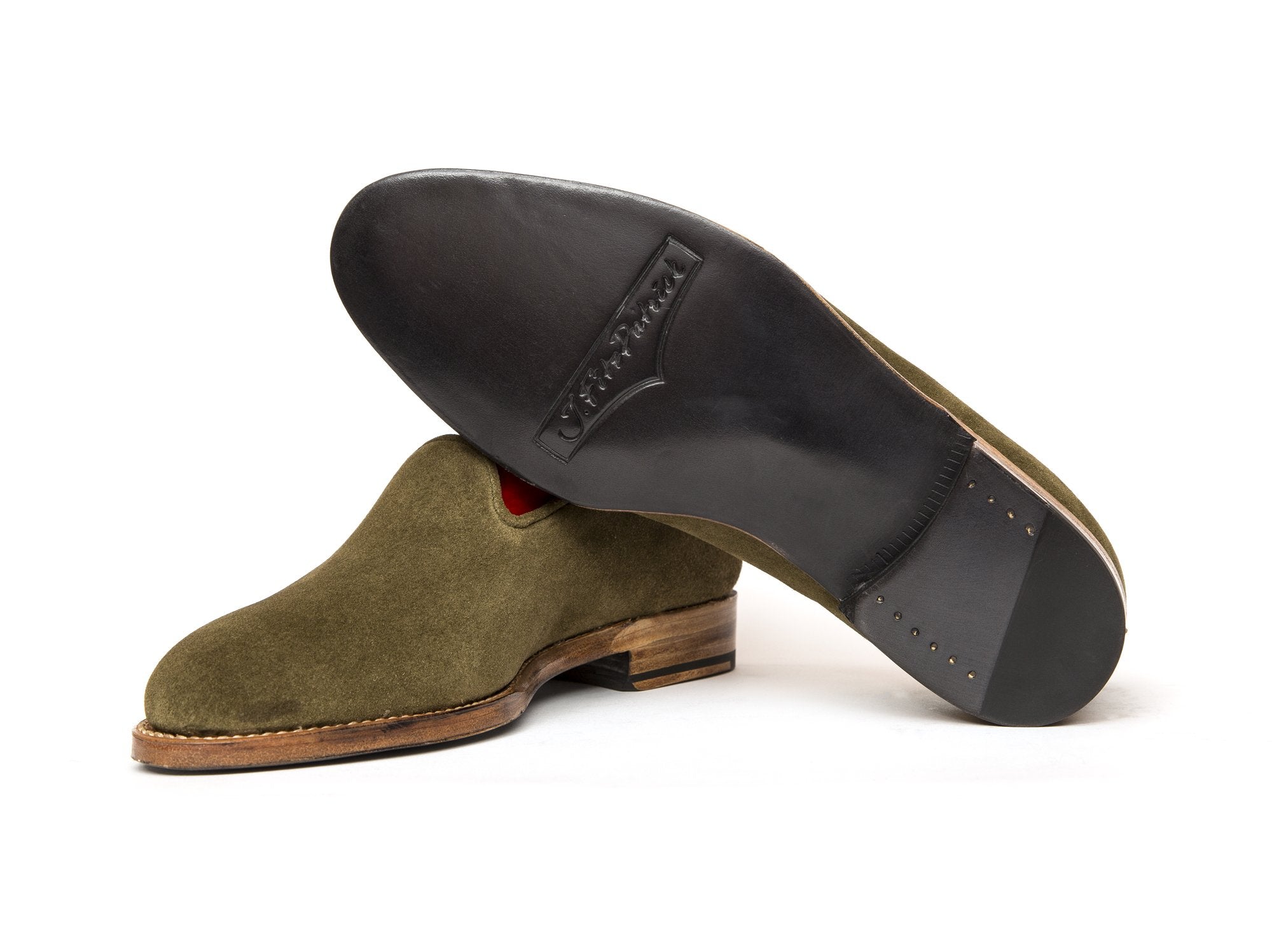 Laurelhurst II - MTO - Olive Suede - TMG Last - Natural Single Leather Sole-Made To Order Slipper Loafer Medallion-J.FitzPatrick Footwear