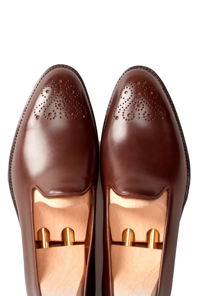 Laurelhurst - MTO - Chocolate Calf - TMG Last - Single Leather Sole-Made To Order Slipper Loafer Medallion-J.FitzPatrick Footwear