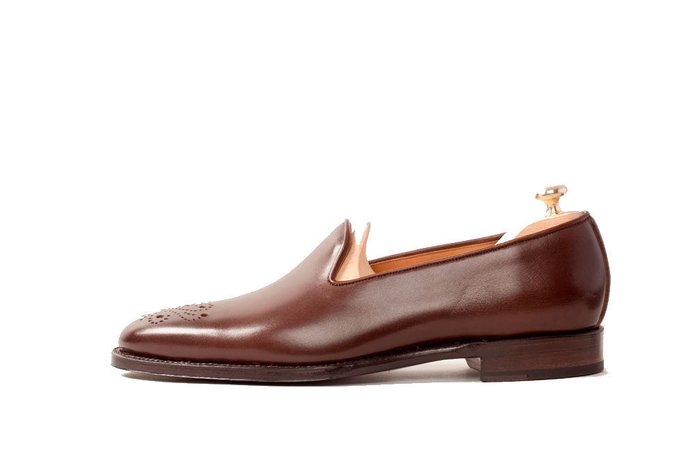 Laurelhurst - MTO - Chocolate Calf - TMG Last - Single Leather Sole-Made To Order Slipper Loafer Medallion-J.FitzPatrick Footwear