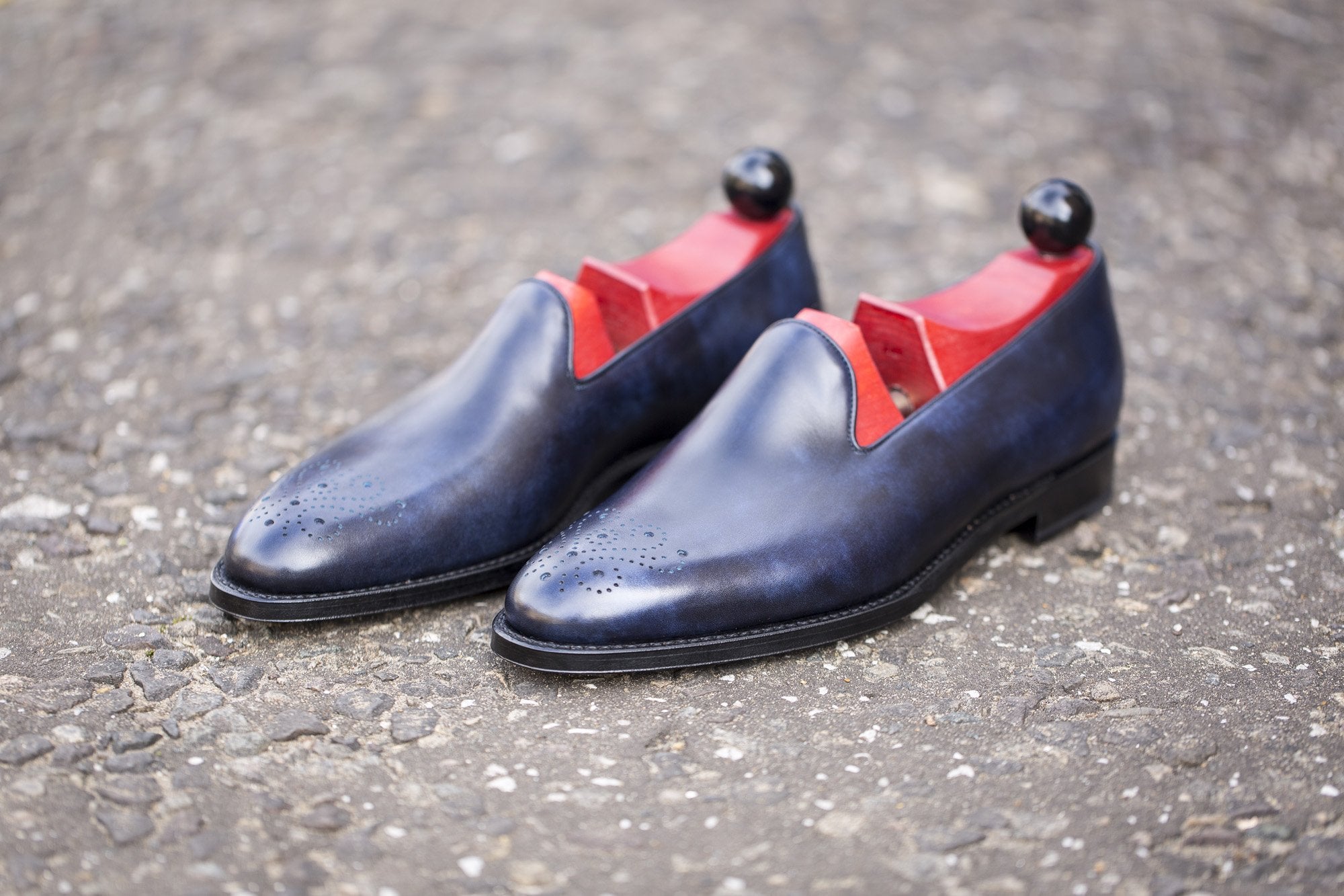 Laurelhurst - MTO - Navy Museum Calf - TMG Last - Single Leather Sole-Made To Order Slipper Loafer Medallion-J.FitzPatrick Footwear