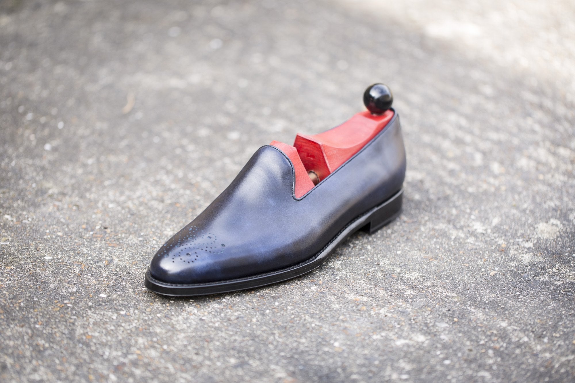 Laurelhurst - MTO - Navy Museum Calf - TMG Last - Single Leather Sole-Made To Order Slipper Loafer Medallion-J.FitzPatrick Footwear
