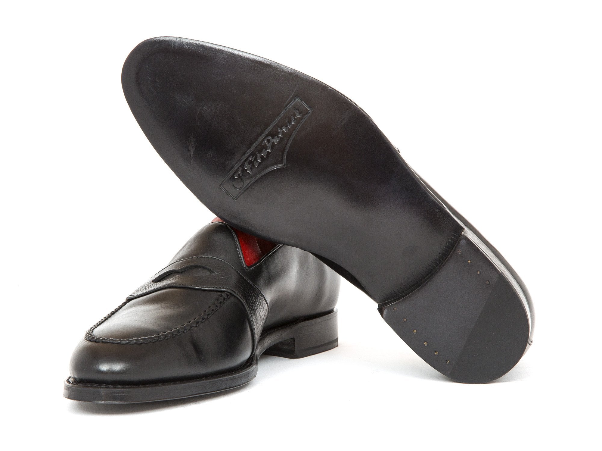 Madison - MTO - Black Calf / Black Soft Grain Strap - TMG Last - Single Leather Sole-Made To Order Penny Loafer Full Strap-J.FitzPatrick Footwear