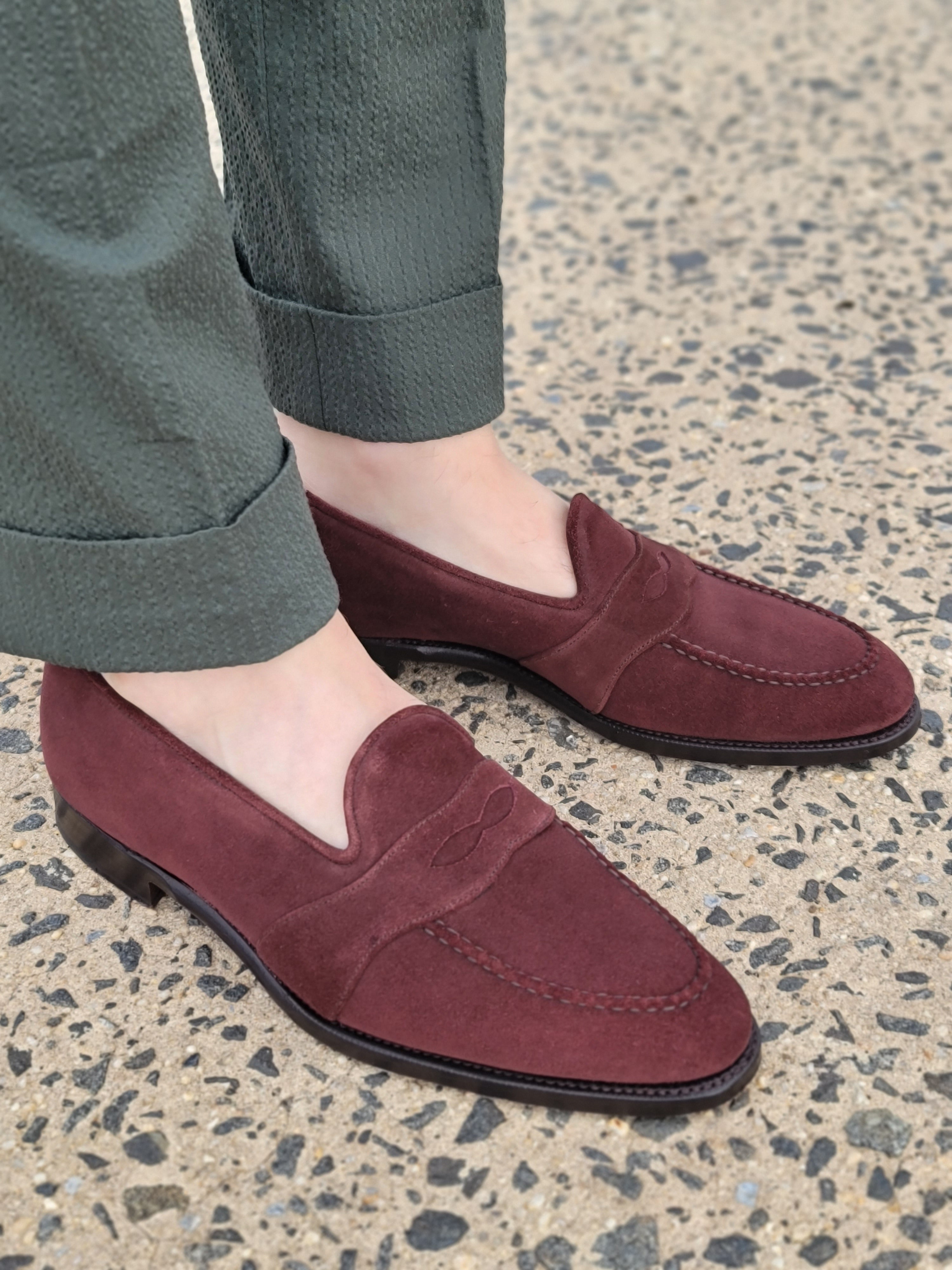 Madison - MTO - Burgundy Suede - TMG Last - Single Leather Sole-Made To Order Penny Loafer Full Strap-J.FitzPatrick Footwear