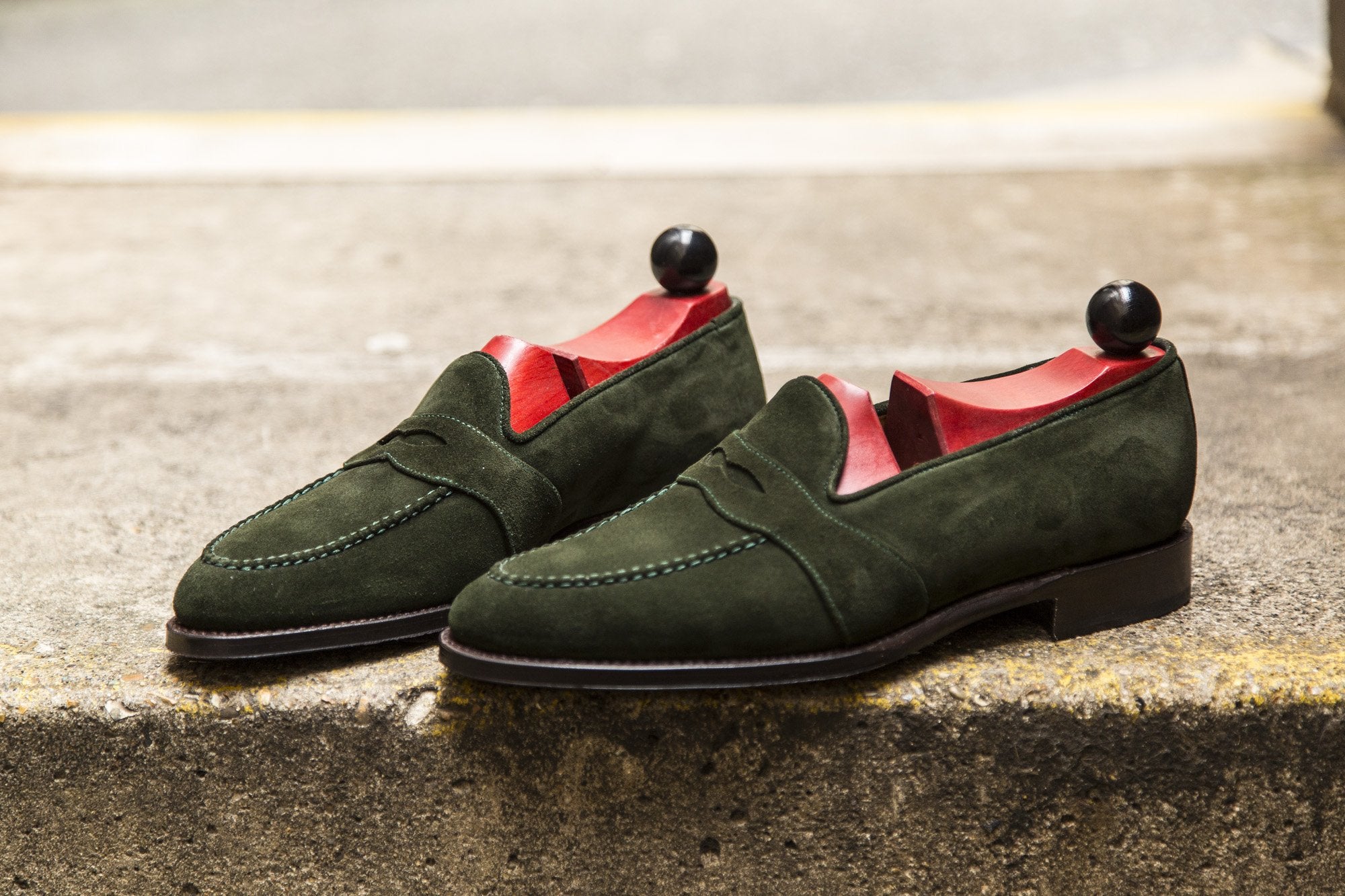 Madison - MTO - Forest Green Suede - TMG Last - Single Leather Sole-Made To Order Penny Loafer Full Strap-J.FitzPatrick Footwear