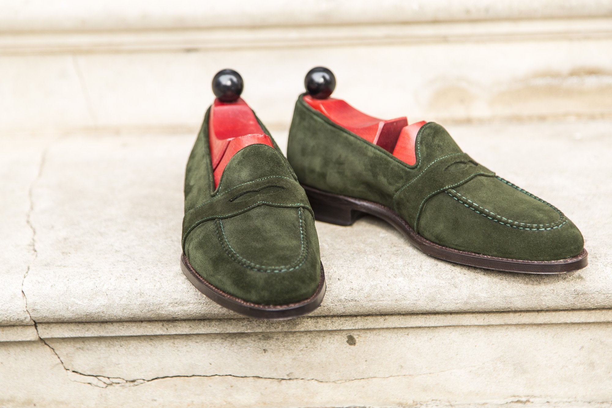 Madison - MTO - Forest Green Suede - TMG Last - Single Leather Sole-Made To Order Penny Loafer Full Strap-J.FitzPatrick Footwear