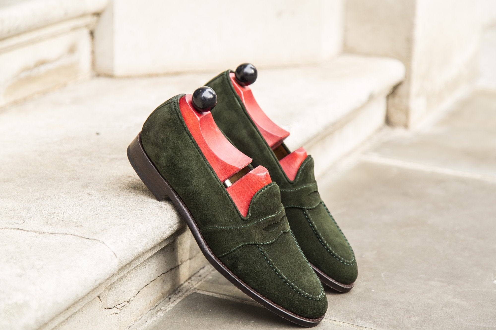 Madison - MTO - Forest Green Suede - TMG Last - Single Leather Sole-Made To Order Penny Loafer Full Strap-J.FitzPatrick Footwear