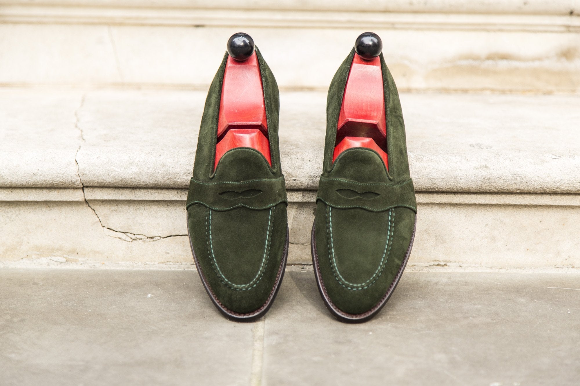 Madison - MTO - Forest Green Suede - TMG Last - Single Leather Sole-Made To Order Penny Loafer Full Strap-J.FitzPatrick Footwear