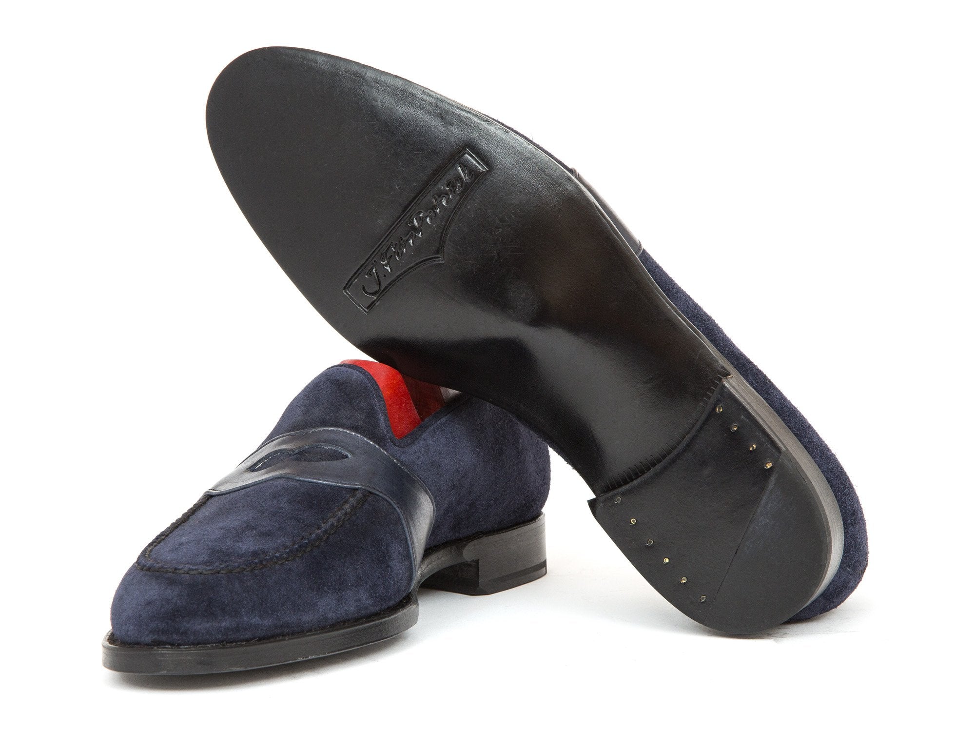 Madison - MTO - Navy Suede / Shaded Navy Calf Strap - TMG Last - Single Leather Sole-Made To Order Penny Loafer Full Strap-J.FitzPatrick Footwear