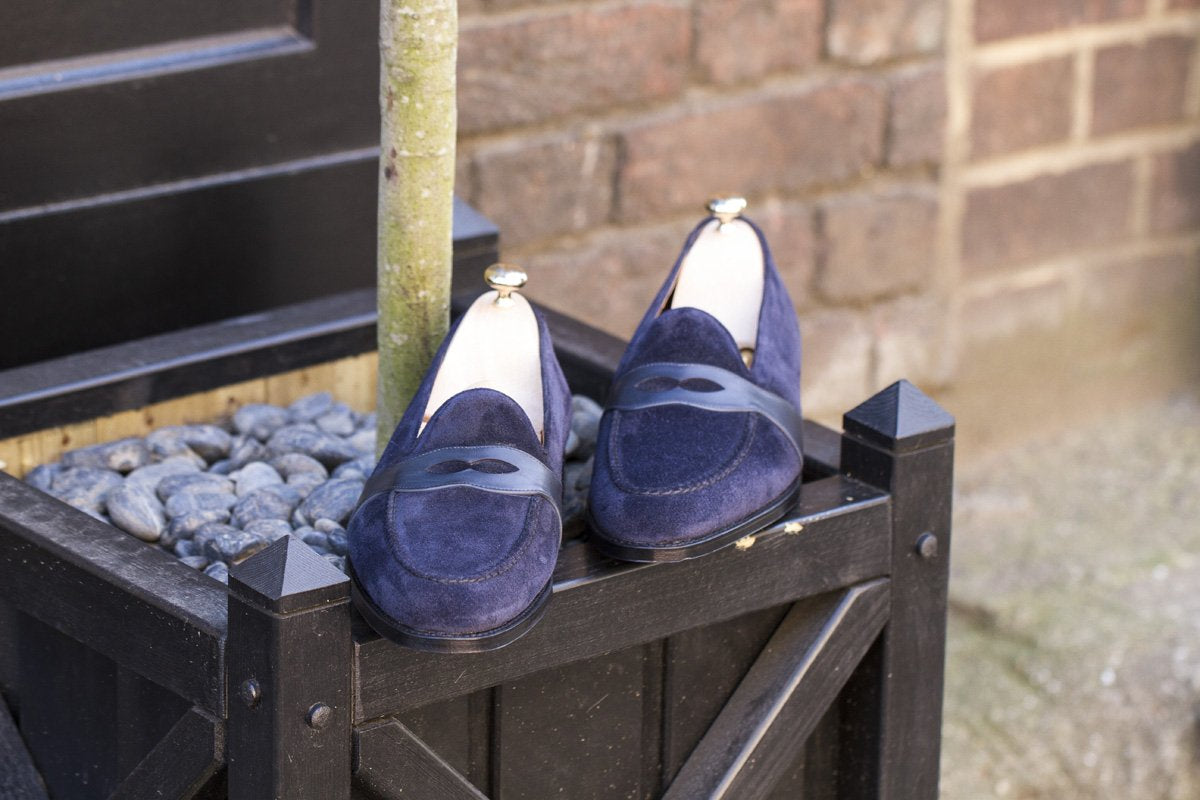 Madison - MTO - Navy Suede / Shaded Navy Calf Strap - TMG Last - Single Leather Sole-Made To Order Penny Loafer Full Strap-J.FitzPatrick Footwear