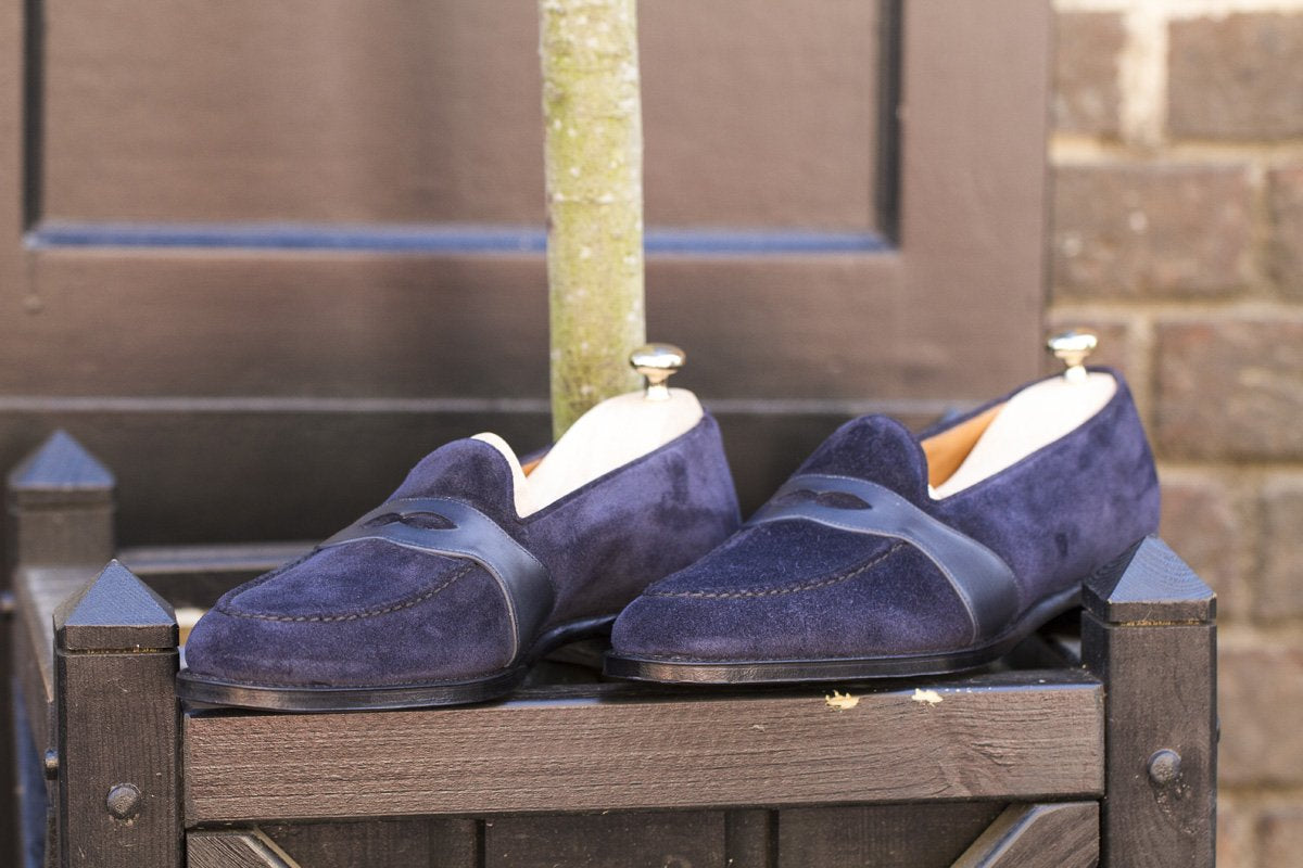 Madison - MTO - Navy Suede / Shaded Navy Calf Strap - TMG Last - Single Leather Sole-Made To Order Penny Loafer Full Strap-J.FitzPatrick Footwear
