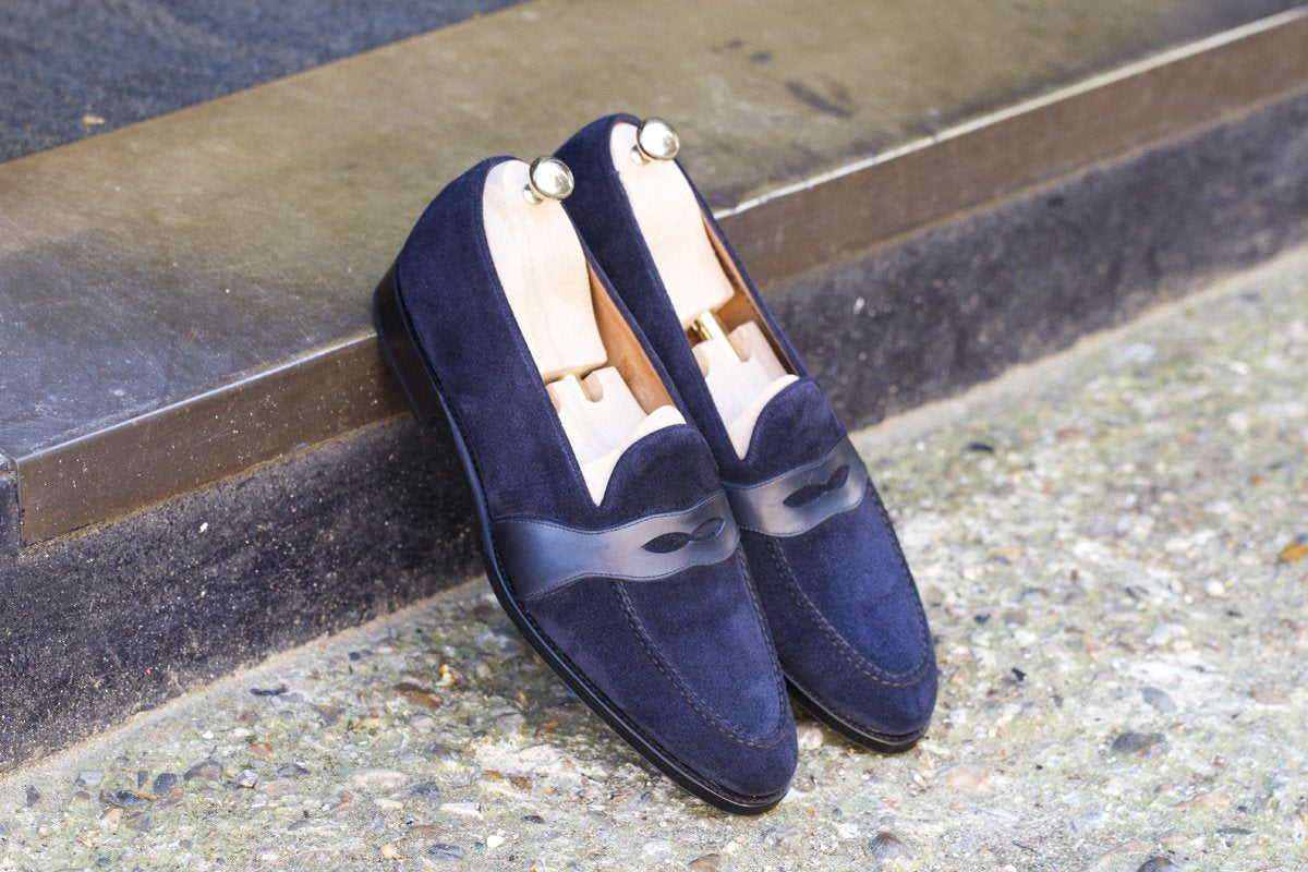 Madison - MTO - Navy Suede / Shaded Navy Calf Strap - TMG Last - Single Leather Sole-Made To Order Penny Loafer Full Strap-J.FitzPatrick Footwear