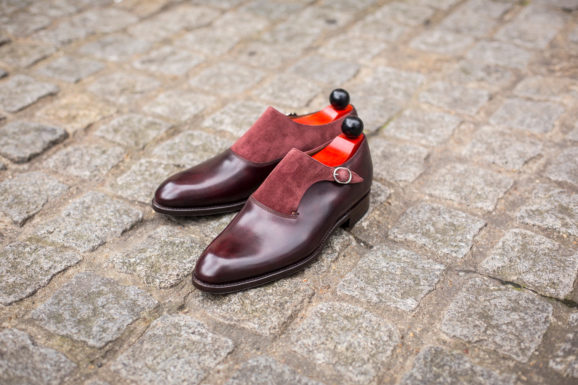 Madrona - MTO - Sangria Calf / Burgundy Suede-Made To Order Single Monkstrap Plain Toe-J.FitzPatrick Footwear