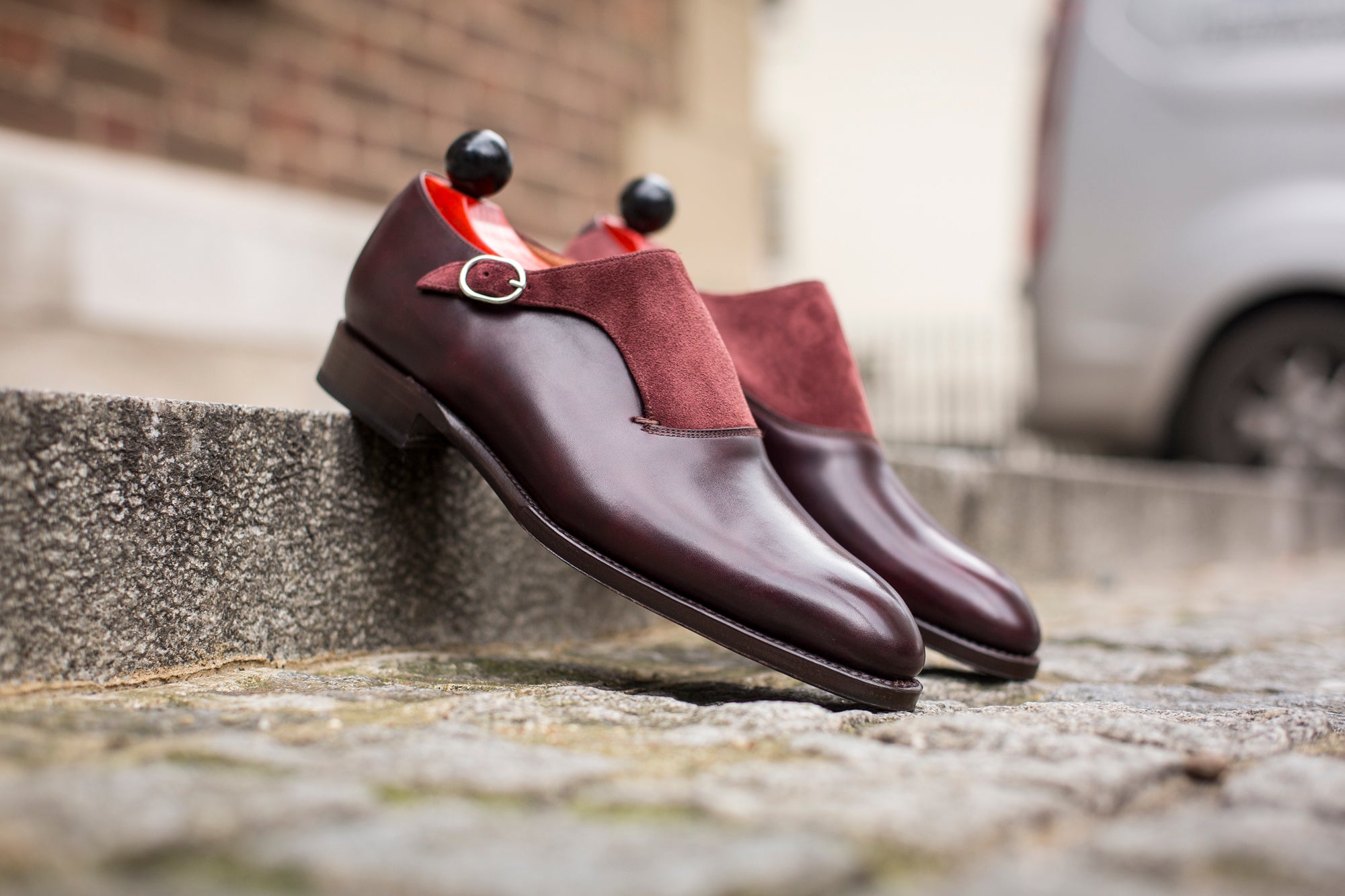 Madrona - MTO - Sangria Calf / Burgundy Suede-Made To Order Single Monkstrap Plain Toe-J.FitzPatrick Footwear