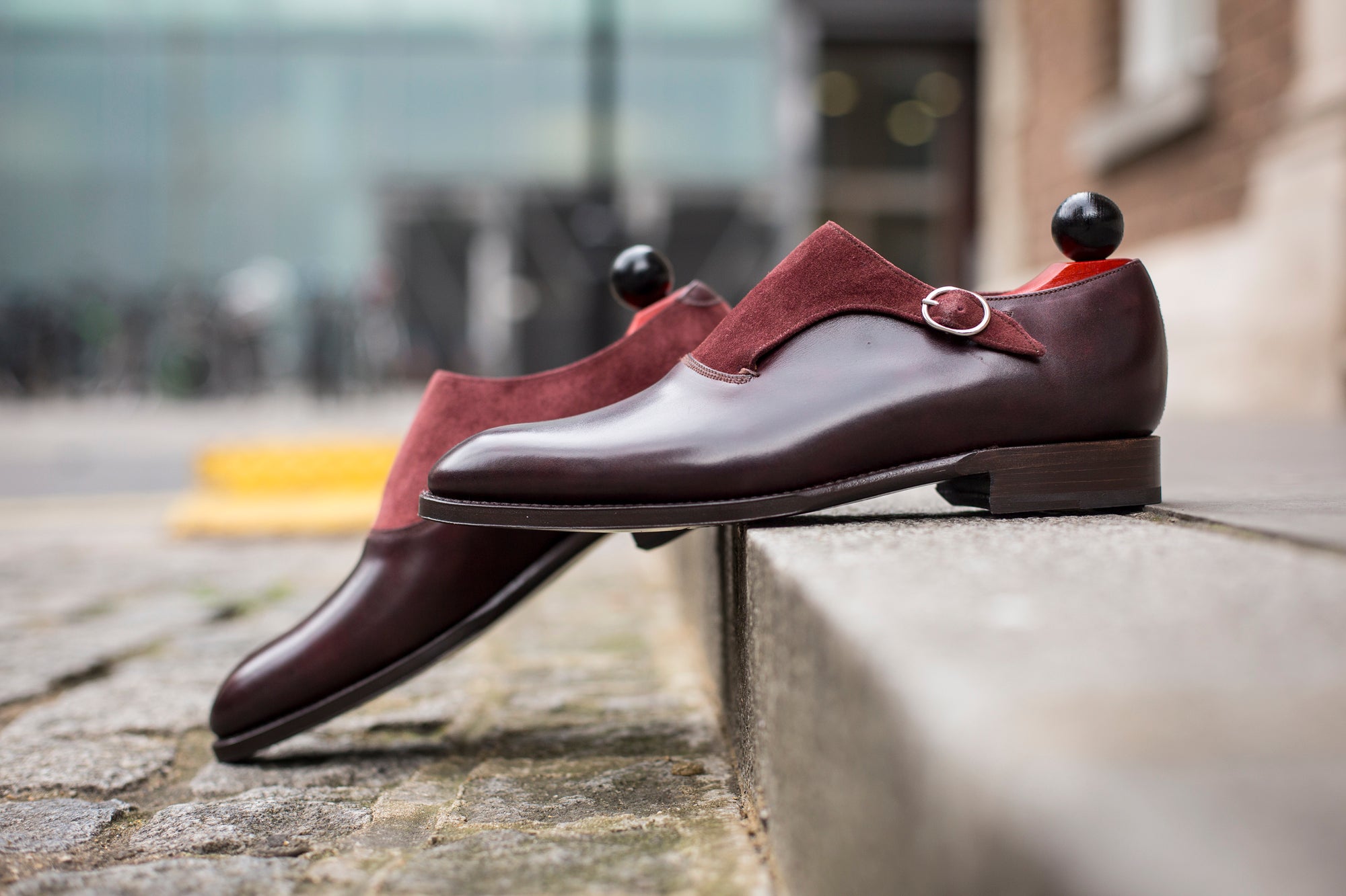 Madrona - MTO - Sangria Calf / Burgundy Suede-Made To Order Single Monkstrap Plain Toe-J.FitzPatrick Footwear