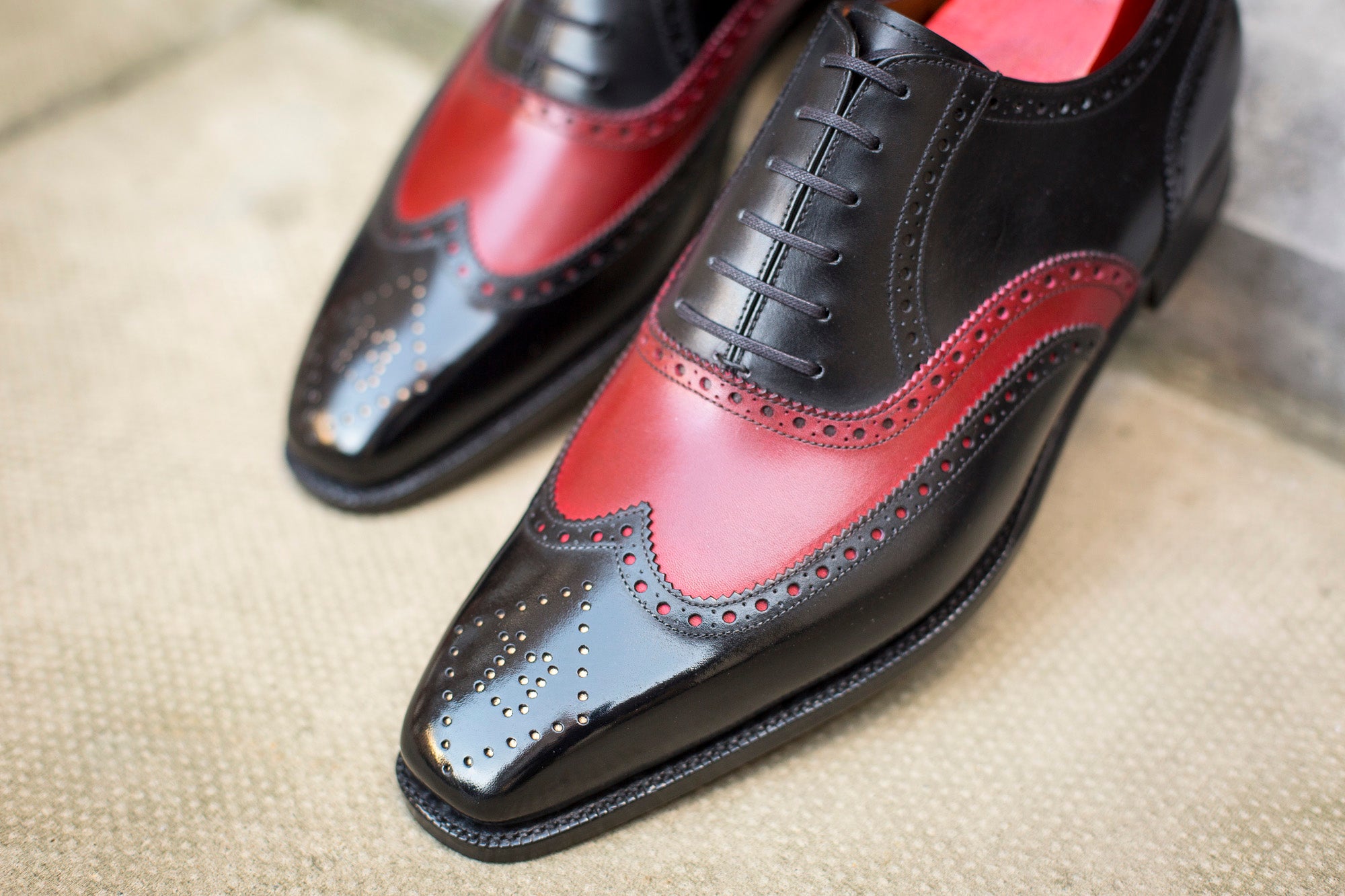 McClure - MTO - Black Calf / Red Calf - "13" Medallion - MGF Last - Single Leather Sole-Made To Order Wingtip Brogue Oxfords-J.FitzPatrick Footwear
