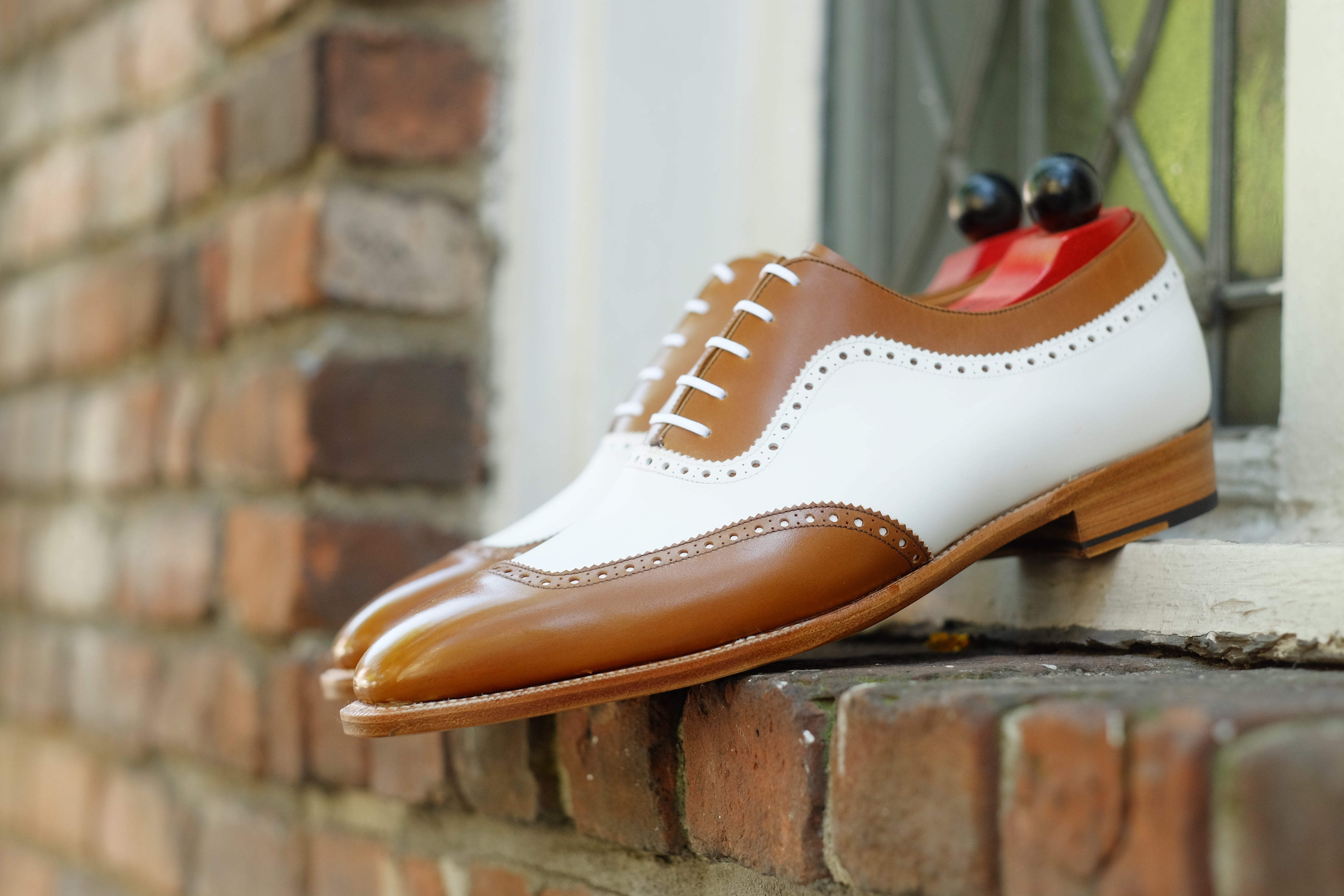 Medina - MTO - Caramel Calf / White Calf - LPB Last - Single Leather Sole-Made To Order U Wing Brogue Oxfords-J.FitzPatrick Footwear
