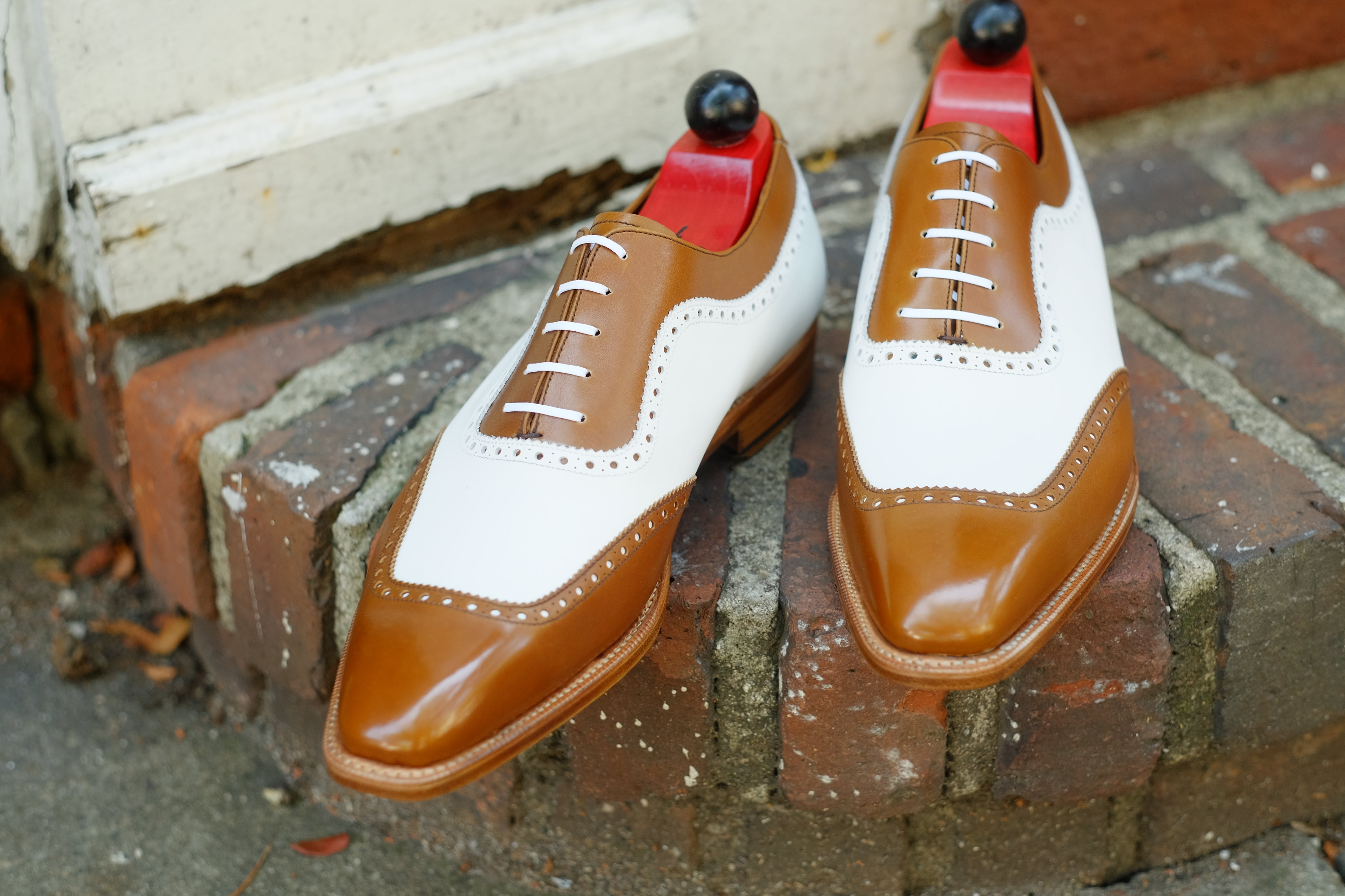 Medina - MTO - Caramel Calf / White Calf - LPB Last - Single Leather Sole-Made To Order U Wing Brogue Oxfords-J.FitzPatrick Footwear