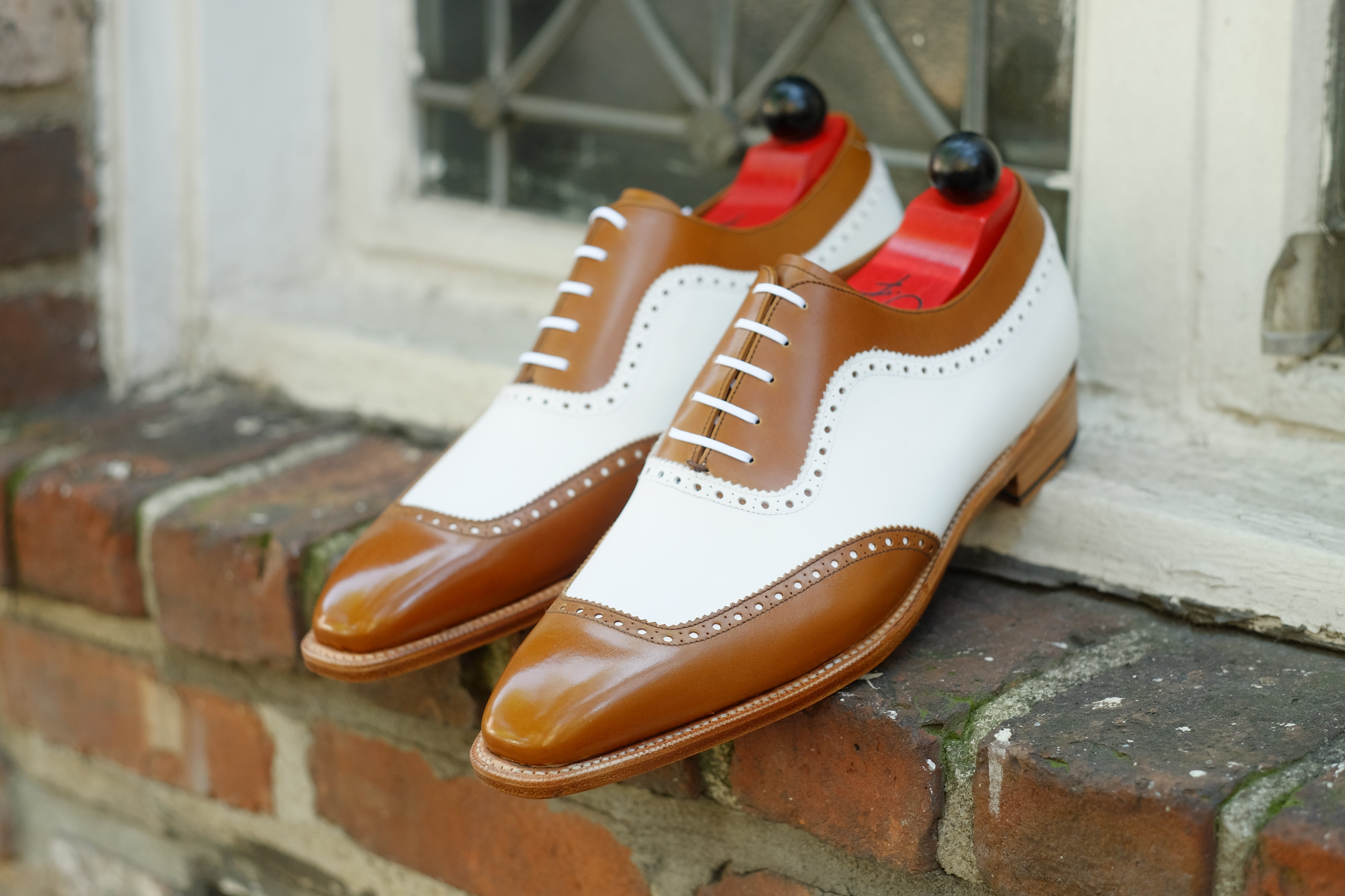 Medina - MTO - Caramel Calf / White Calf - LPB Last - Single Leather Sole-Made To Order U Wing Brogue Oxfords-J.FitzPatrick Footwear