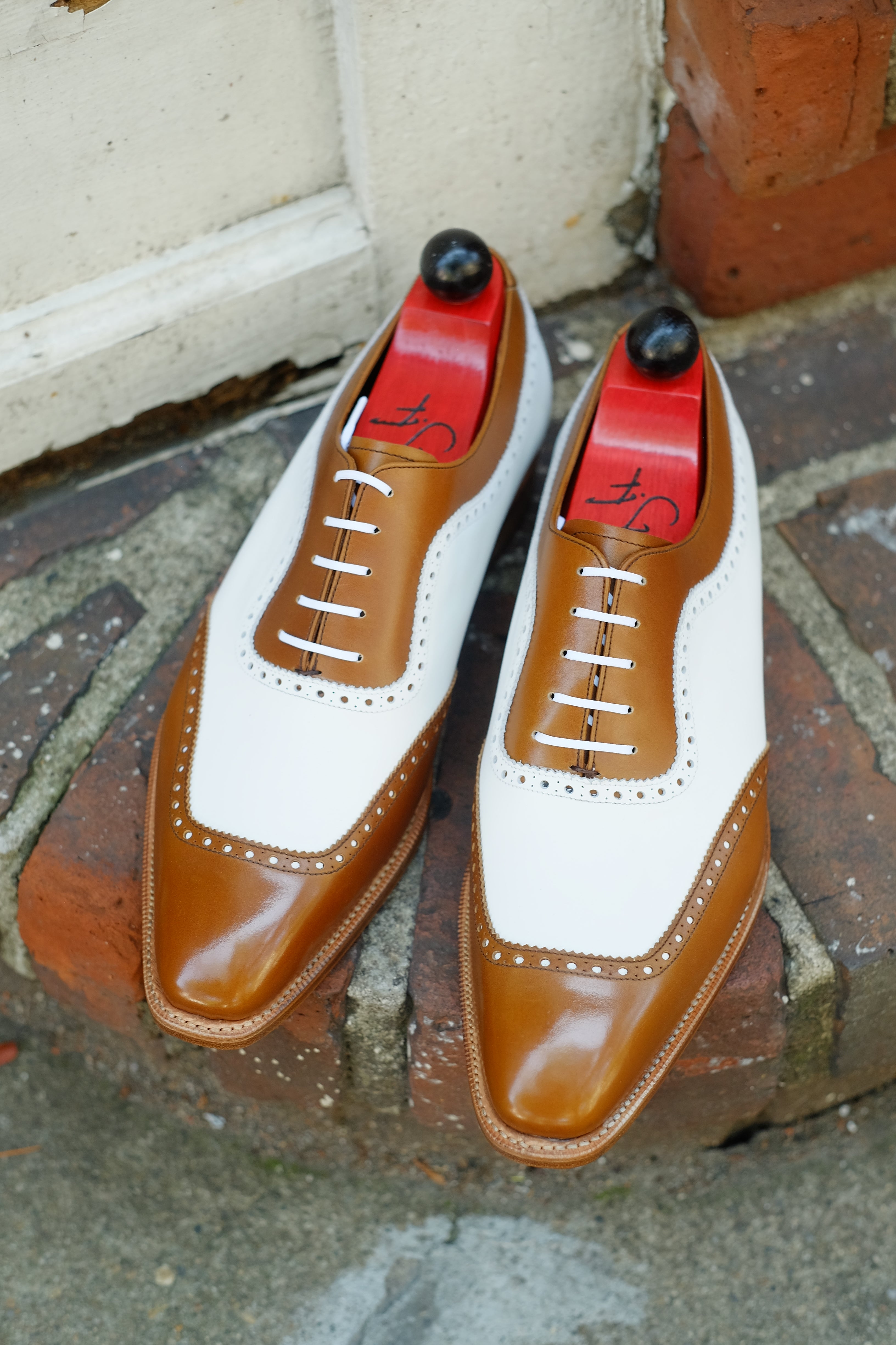 Medina - MTO - Caramel Calf / White Calf - LPB Last - Single Leather Sole-Made To Order U Wing Brogue Oxfords-J.FitzPatrick Footwear