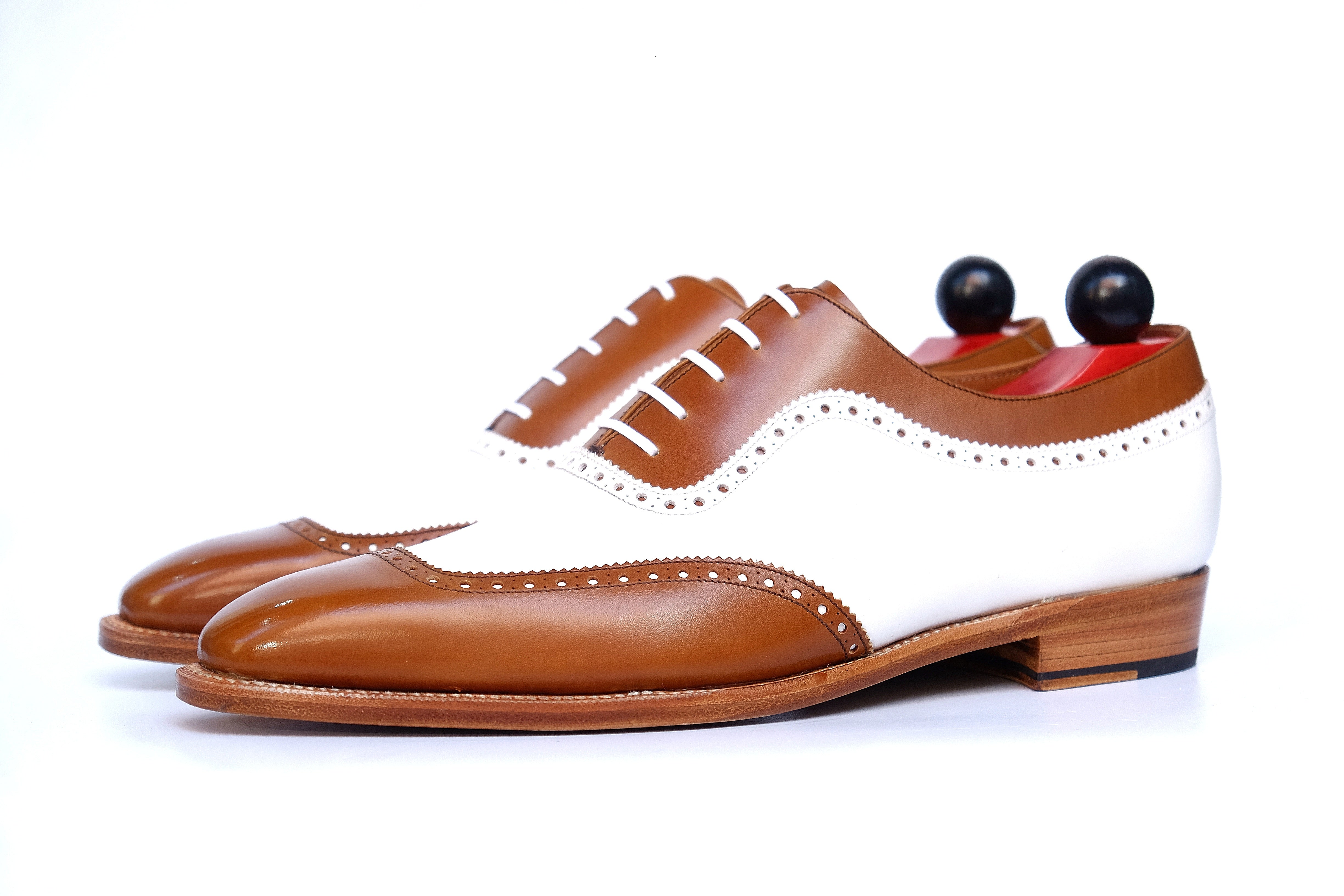 Medina - MTO - Caramel Calf / White Calf - LPB Last - Single Leather Sole-Made To Order U Wing Brogue Oxfords-J.FitzPatrick Footwear