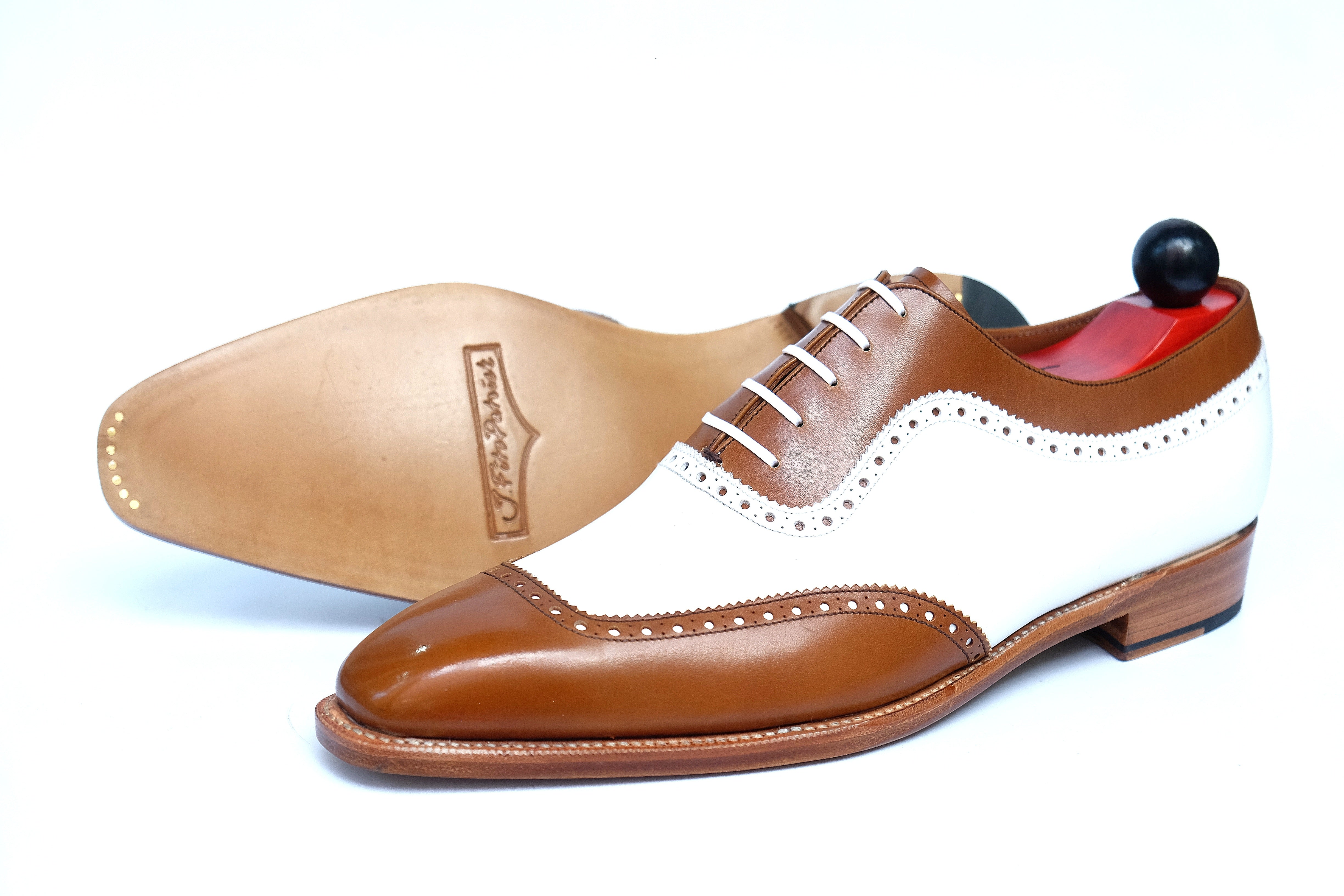 Medina - MTO - Caramel Calf / White Calf - LPB Last - Single Leather Sole-Made To Order U Wing Brogue Oxfords-J.FitzPatrick Footwear