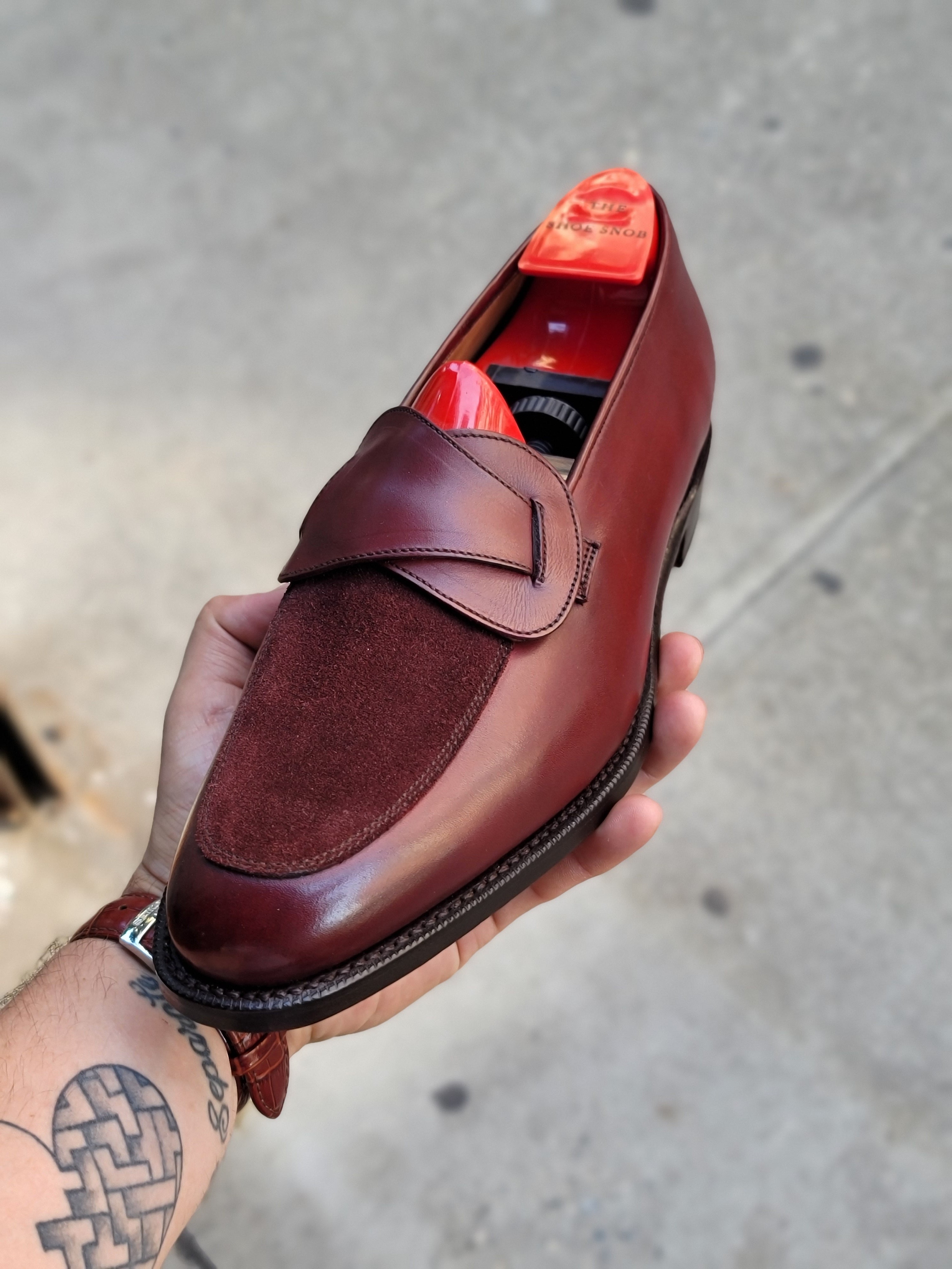 Meridian - MTO - Burgundy Calf / Burgundy Suede - TMG Last - Single Leather Sole-Made To Order Butterfly Loafer-J.FitzPatrick Footwear