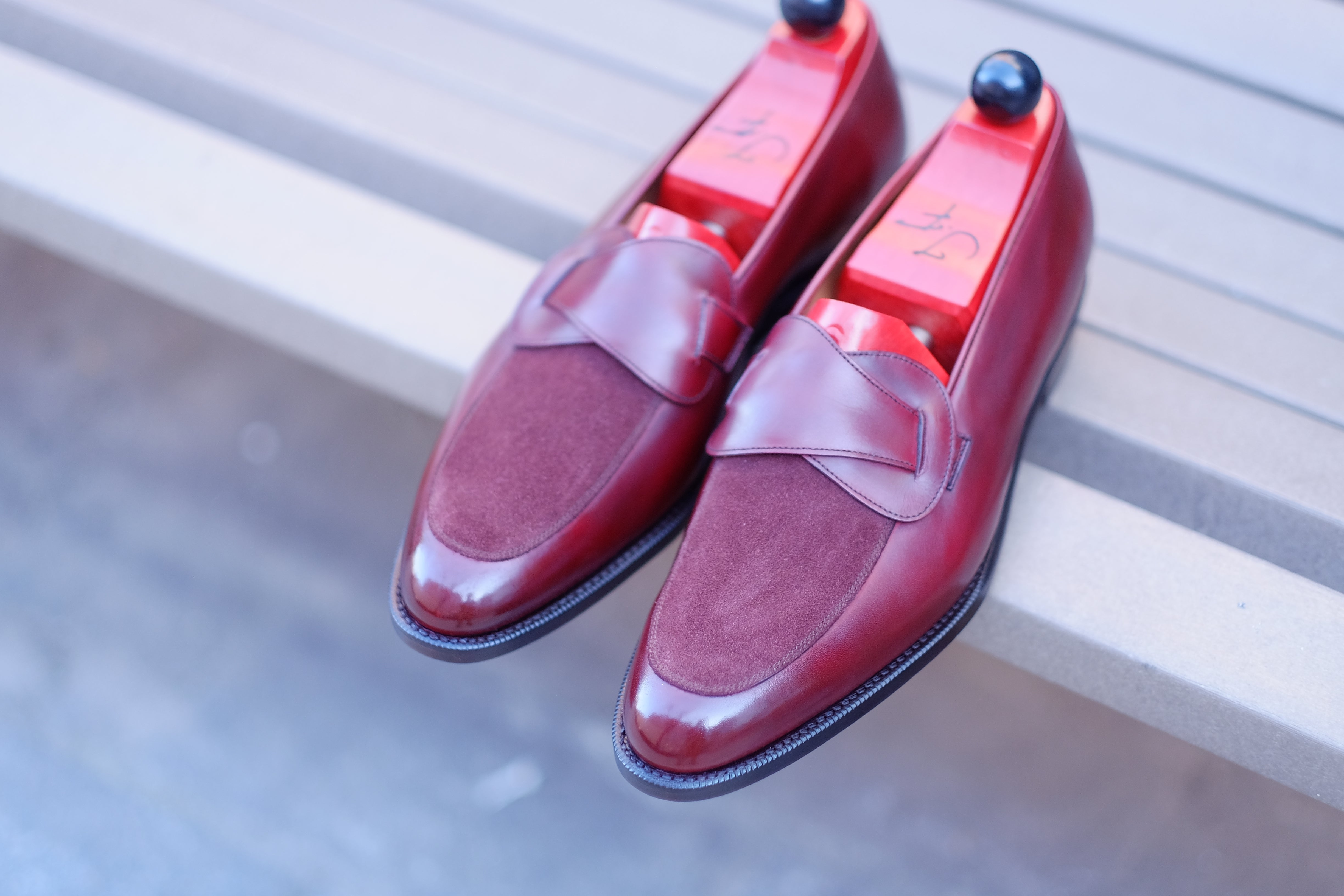 Meridian - MTO - Burgundy Calf / Burgundy Suede - TMG Last - Single Leather Sole-Made To Order Butterfly Loafer-J.FitzPatrick Footwear
