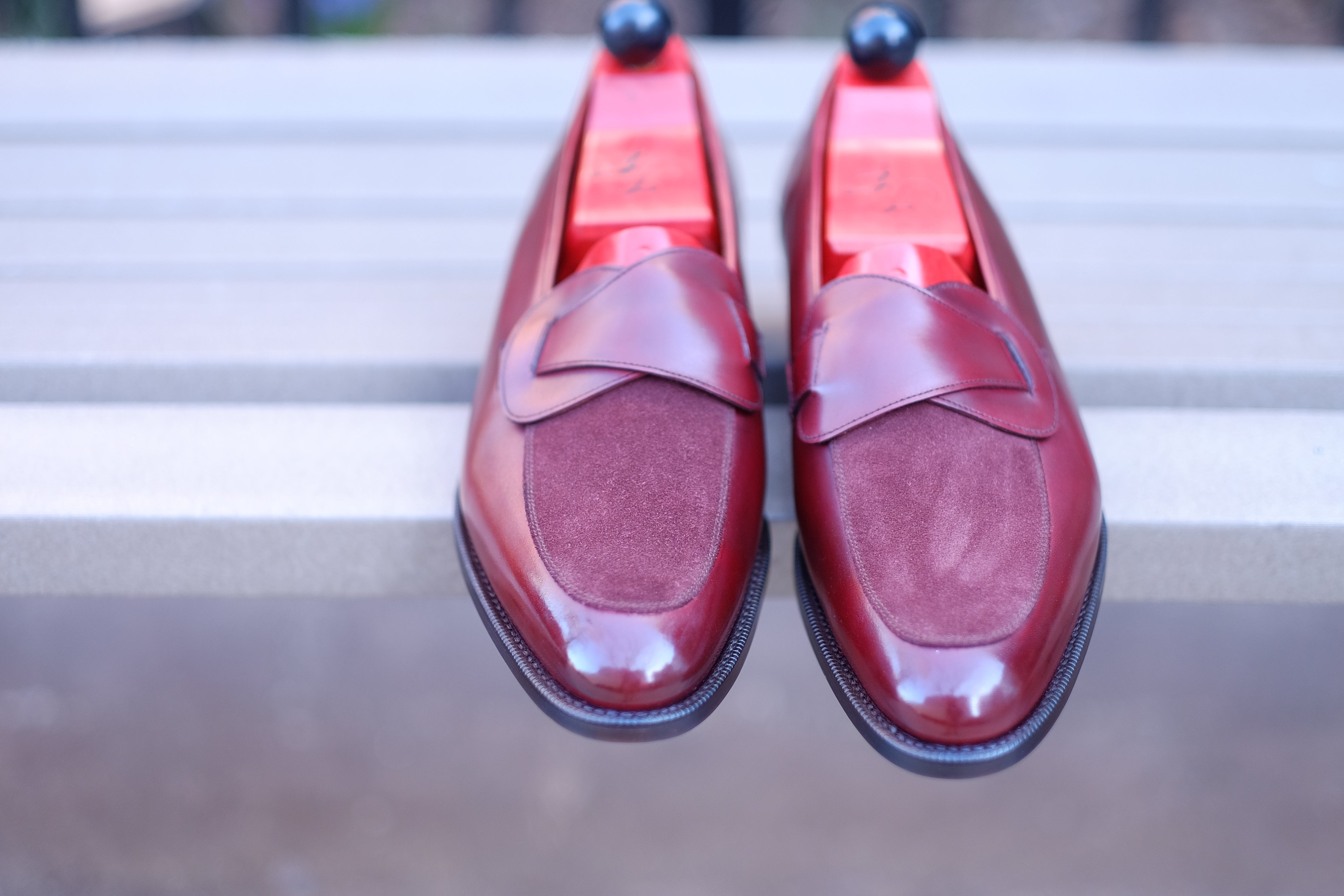 Meridian - MTO - Burgundy Calf / Burgundy Suede - TMG Last - Single Leather Sole-Made To Order Butterfly Loafer-J.FitzPatrick Footwear