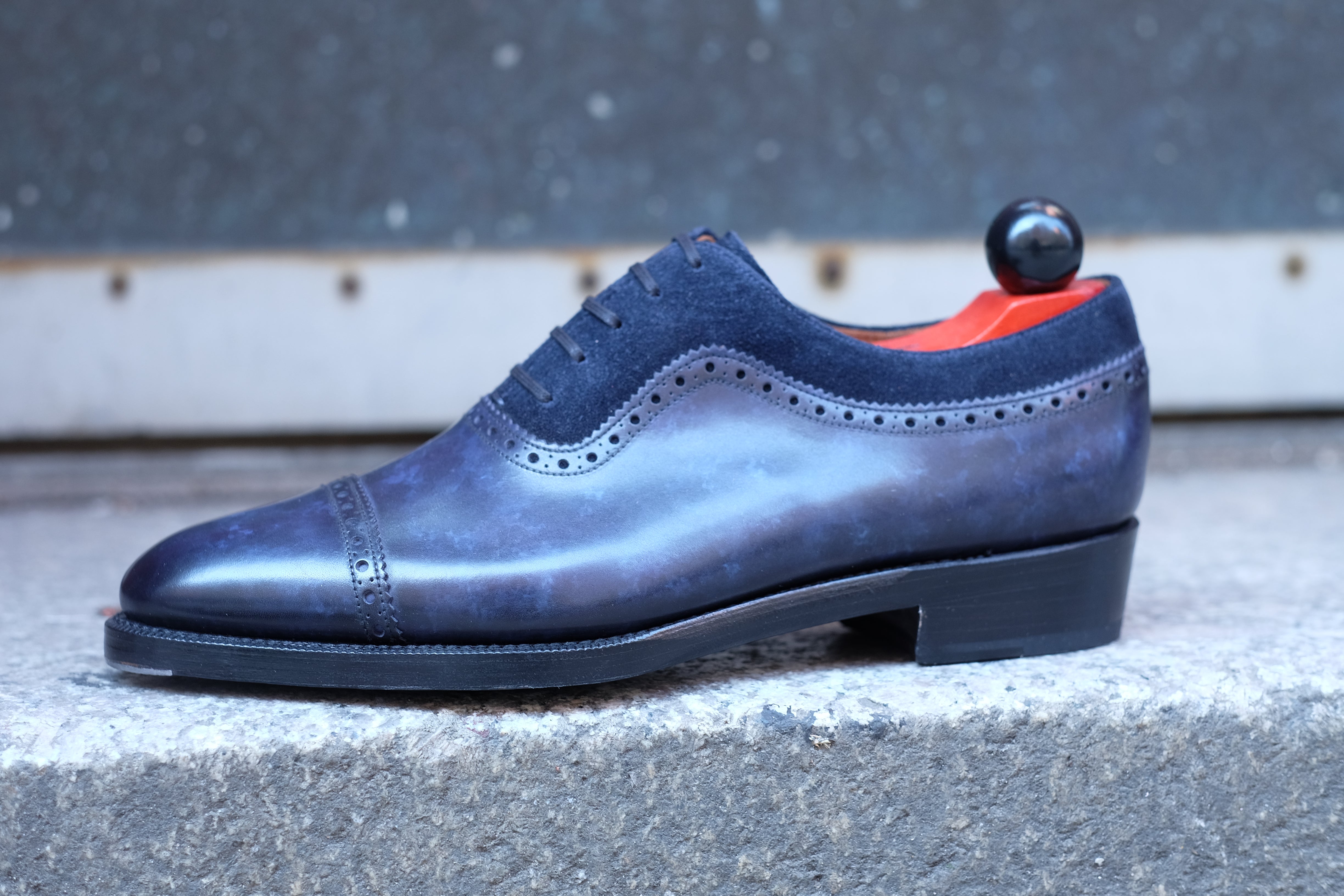 Palacio - MTO - Navy Marble Patina / Navy Suede - TMG Last - Double Leather Sole-Made To Order Cap Toe Brogue Adelaide Oxfords-J.FitzPatrick Footwear