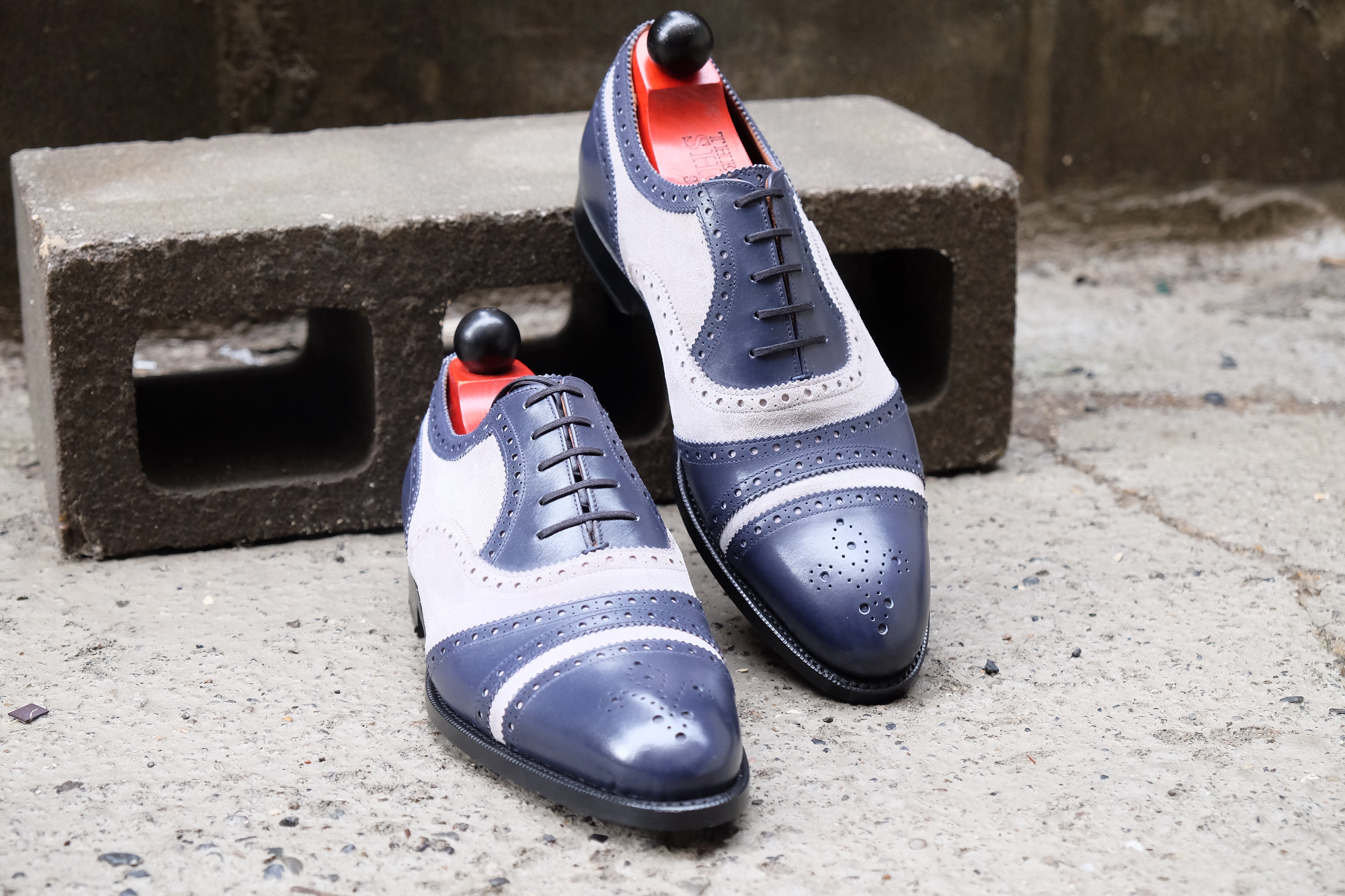 Phillips - MTO - Marine Blue Calf / Pearl Suede - NGT Last - Single Leather Sole-Made To Order Captoe Cap Toe Tarsal Brogue Spectator Oxfords-J.FitzPatrick Footwear