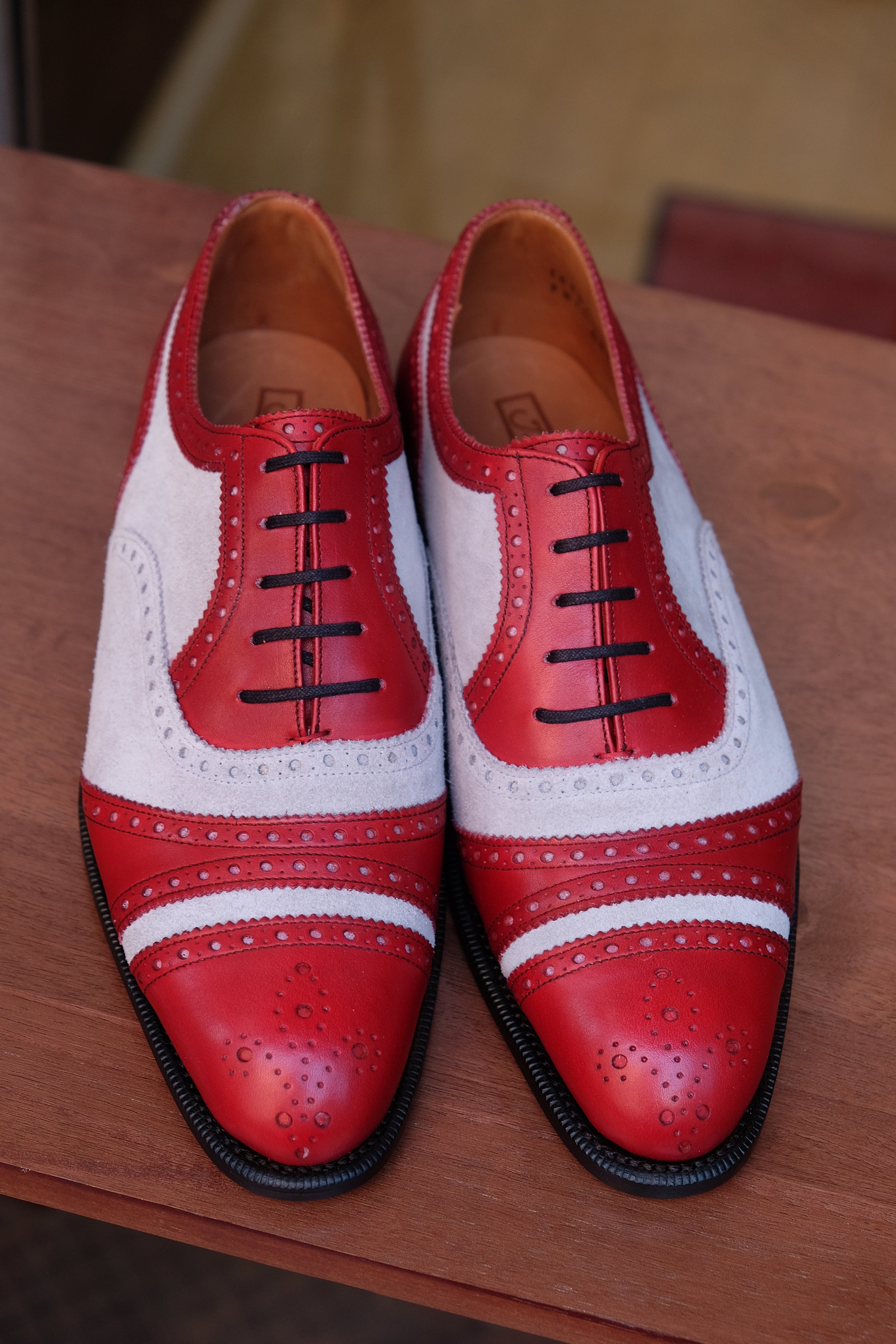 Phillips - MTO - Red Calf / Pearl Grey Suede - NGT Last - Single Leather Sole-Made To Order Captoe Cap Toe Tarsal Brogue Spectator Oxfords-J.FitzPatrick Footwear