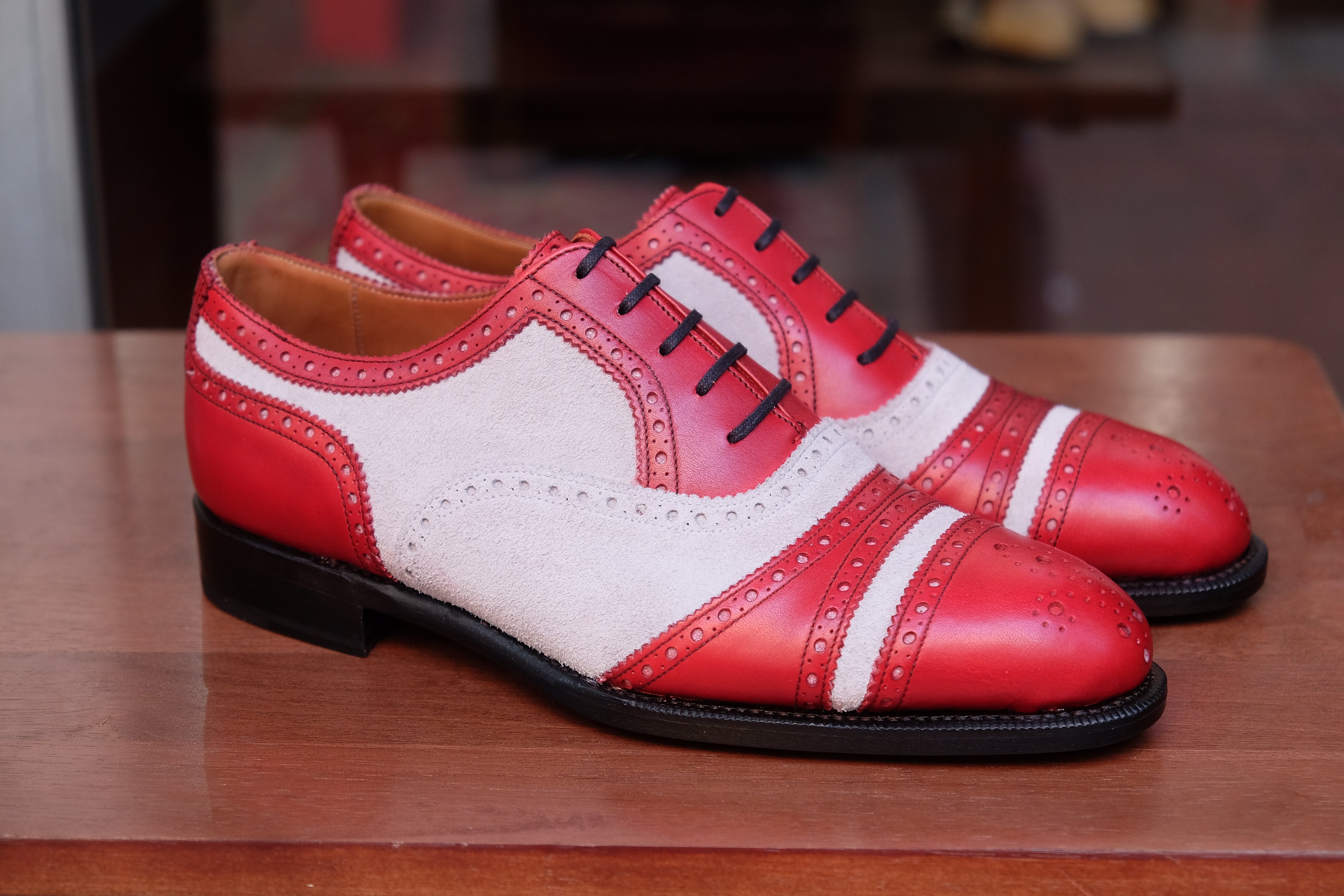 Phillips - MTO - Red Calf / Pearl Grey Suede - NGT Last - Single Leather Sole-Made To Order Captoe Cap Toe Tarsal Brogue Spectator Oxfords-J.FitzPatrick Footwear