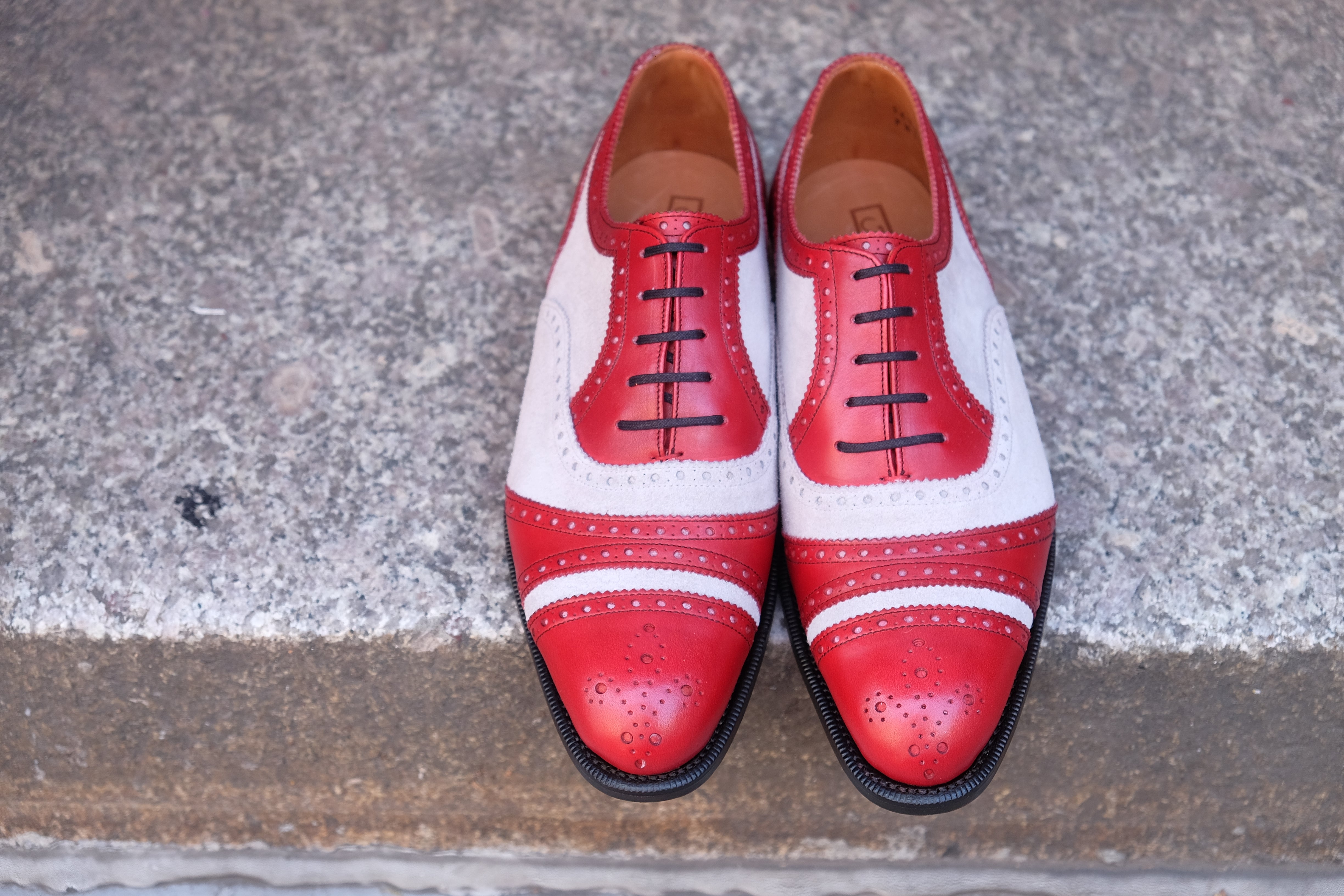 Phillips - MTO - Red Calf / Pearl Grey Suede - NGT Last - Single Leather Sole-Made To Order Captoe Cap Toe Tarsal Brogue Spectator Oxfords-J.FitzPatrick Footwear