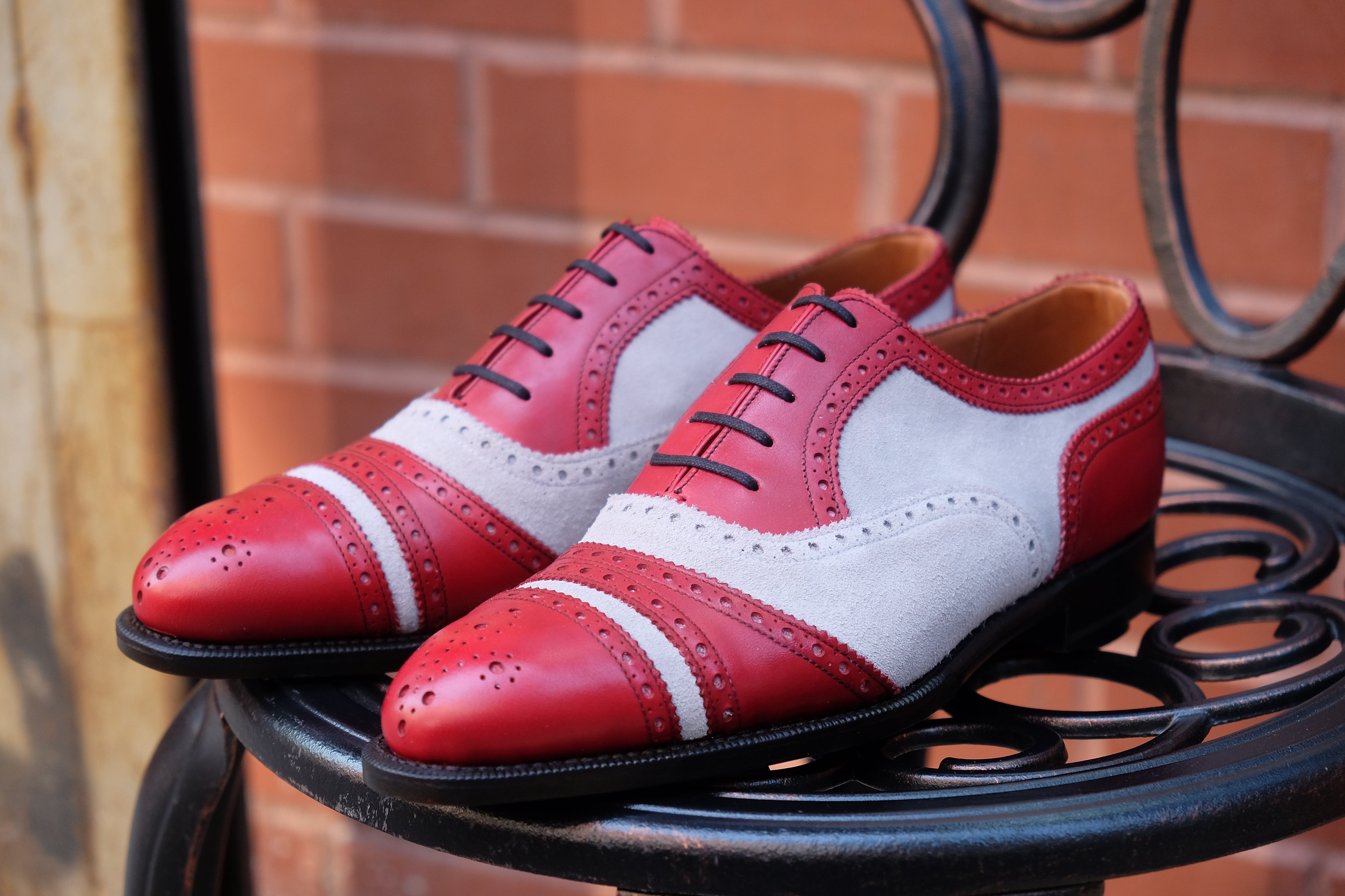 Phillips - MTO - Red Calf / Pearl Grey Suede - NGT Last - Single Leather Sole-Made To Order Captoe Cap Toe Tarsal Brogue Spectator Oxfords-J.FitzPatrick Footwear