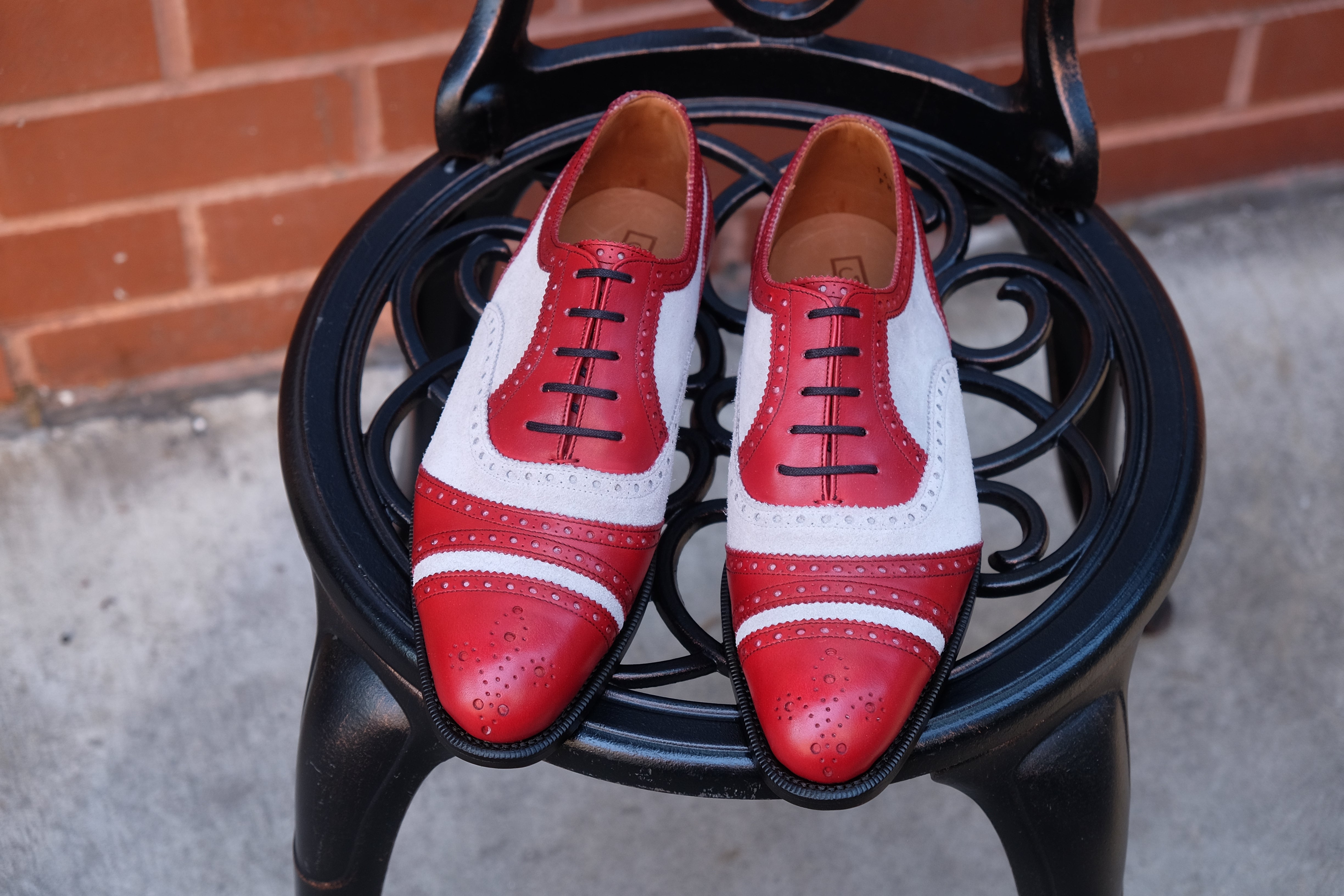 Phillips - MTO - Red Calf / Pearl Grey Suede - NGT Last - Single Leather Sole-Made To Order Captoe Cap Toe Tarsal Brogue Spectator Oxfords-J.FitzPatrick Footwear