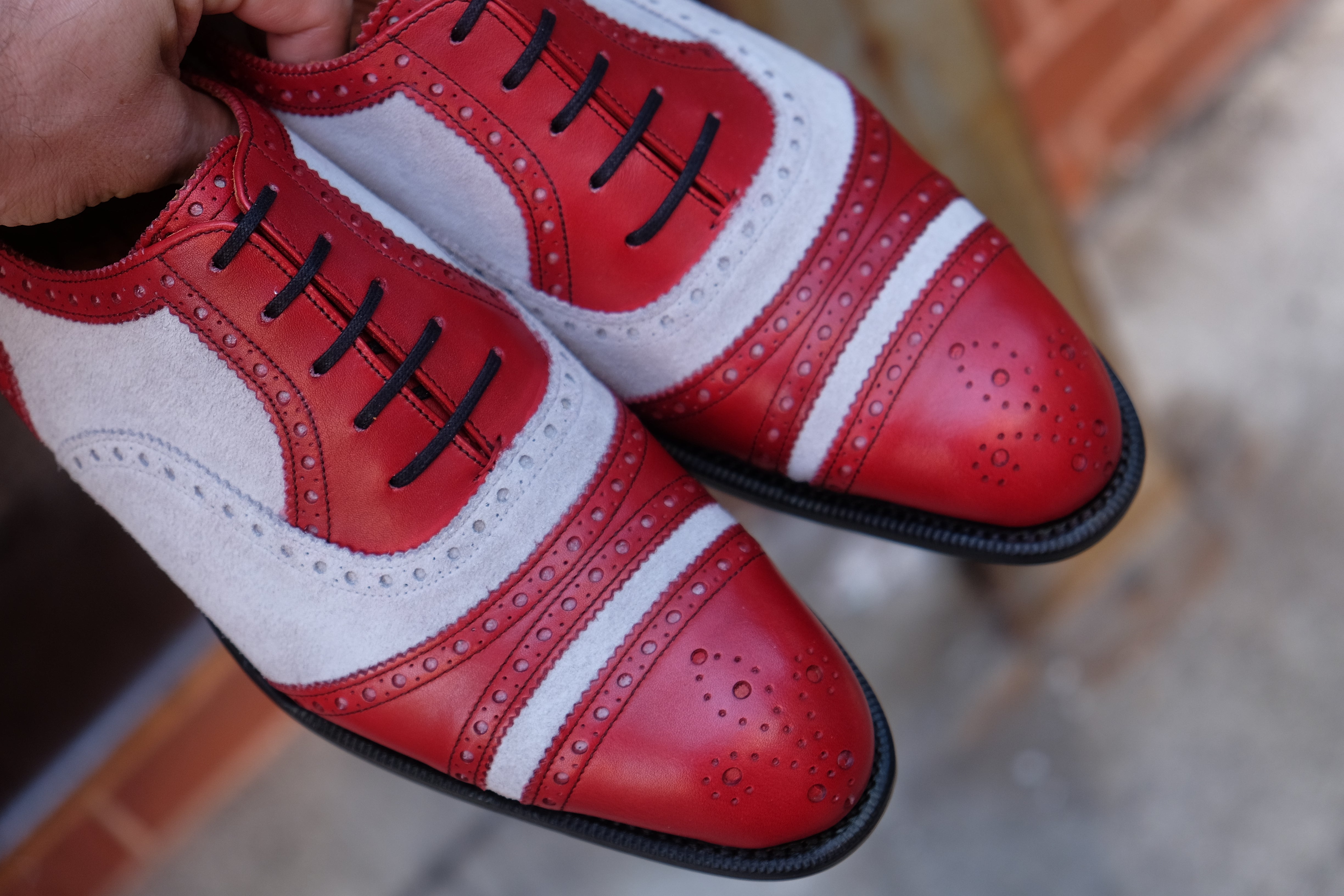 Phillips - MTO - Red Calf / Pearl Grey Suede - NGT Last - Single Leather Sole-Made To Order Captoe Cap Toe Tarsal Brogue Spectator Oxfords-J.FitzPatrick Footwear