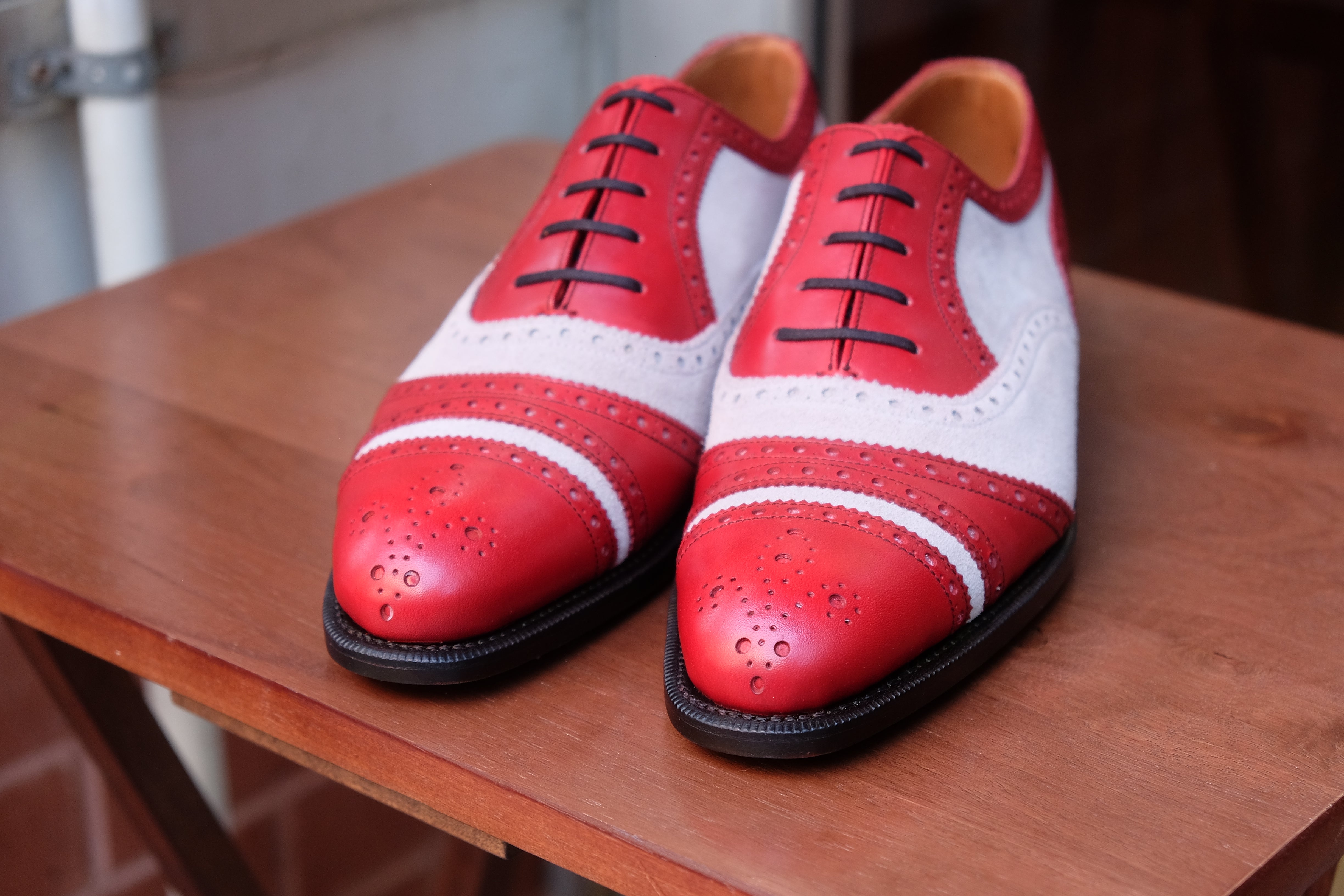 Phillips - MTO - Red Calf / Pearl Grey Suede - NGT Last - Single Leather Sole-Made To Order Captoe Cap Toe Tarsal Brogue Spectator Oxfords-J.FitzPatrick Footwear