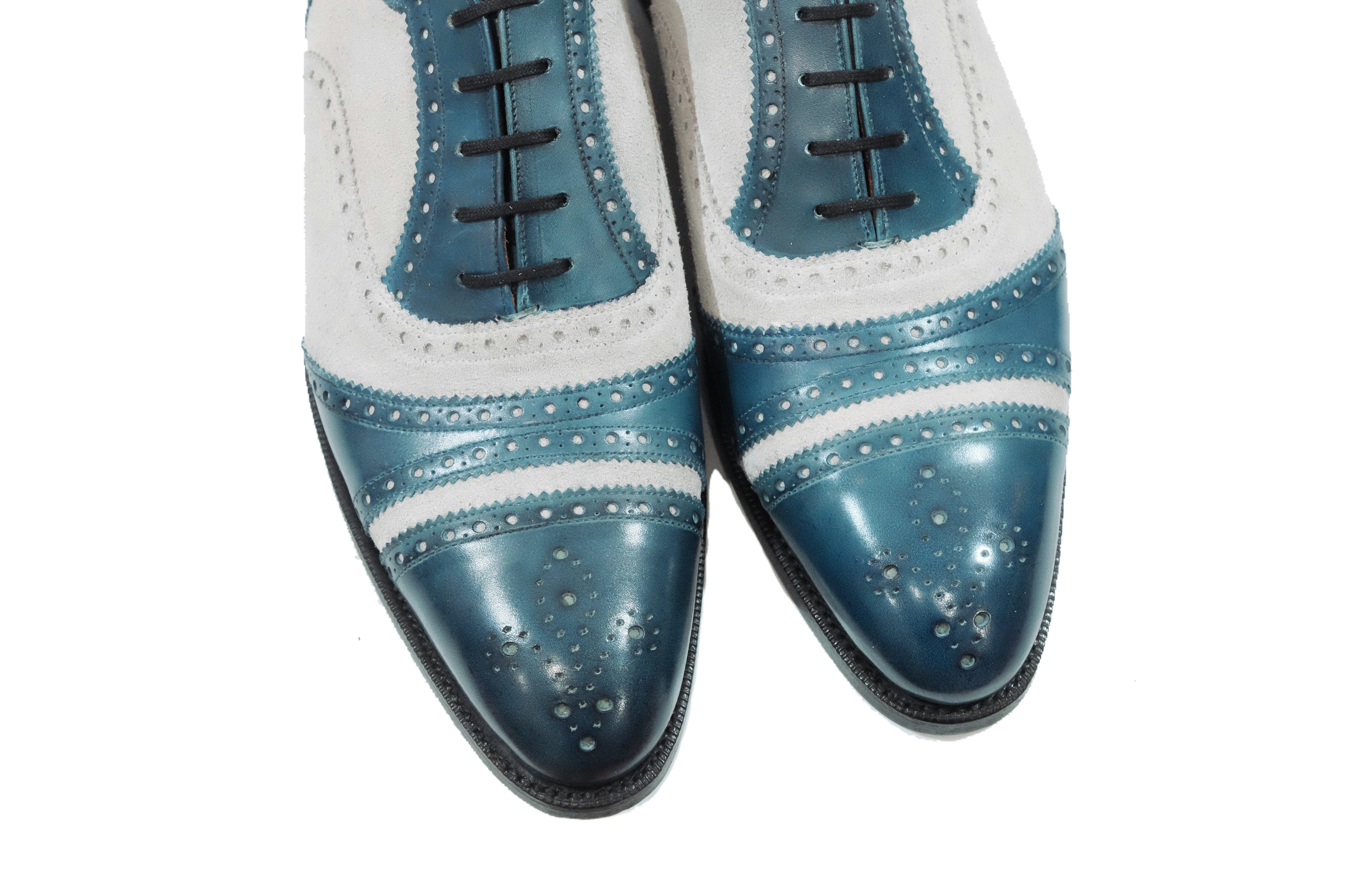 Phillips MTO - Shaded Teal Calf / Pearl Suede - NGT Last - Single Leather Sole-Made To Order Captoe Cap Toe Tarsal Brogue Spectator Oxfords-J.FitzPatrick Footwear