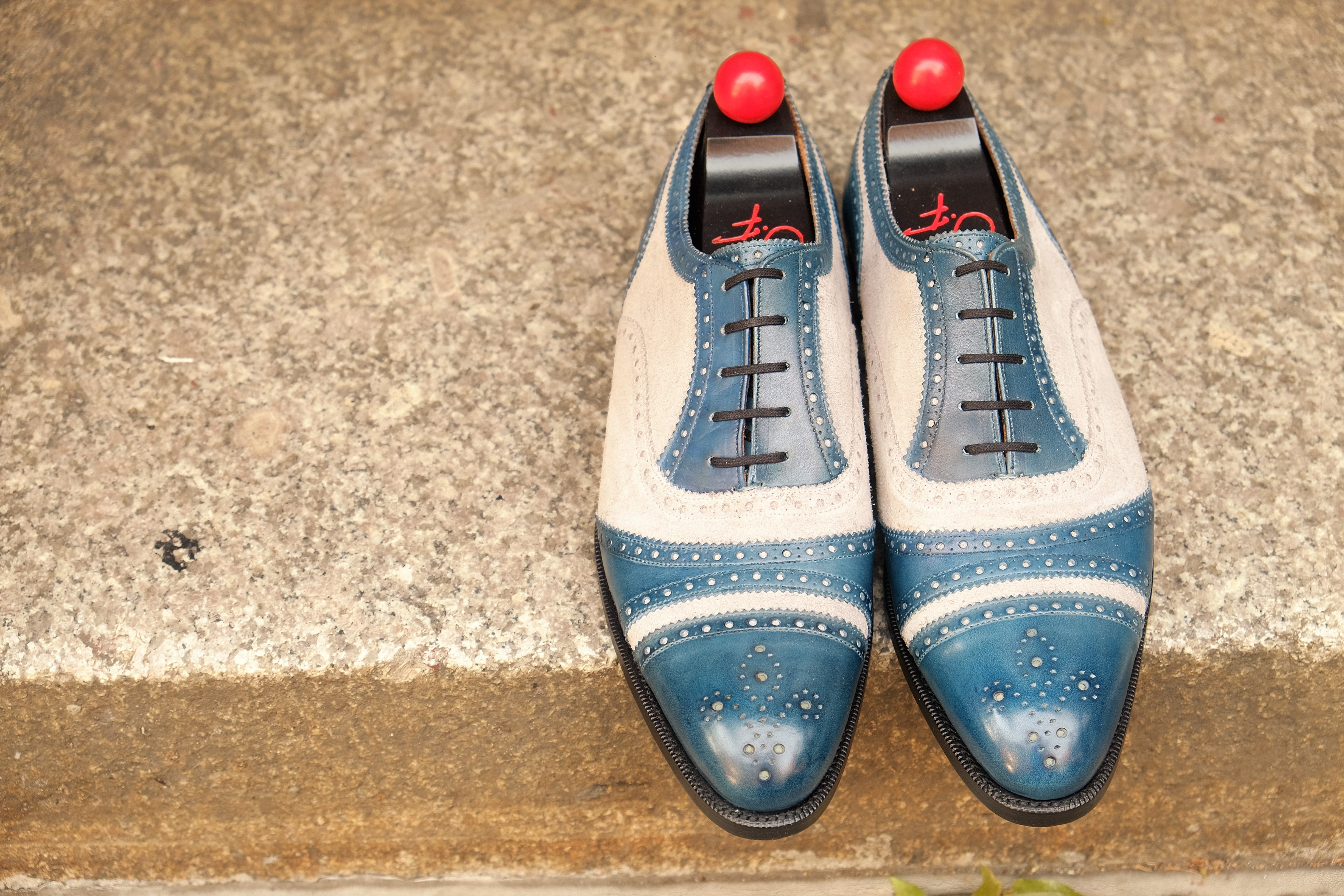 Phillips MTO - Shaded Teal Calf / Pearl Suede - NGT Last - Single Leather Sole-Made To Order Captoe Cap Toe Tarsal Brogue Spectator Oxfords-J.FitzPatrick Footwear