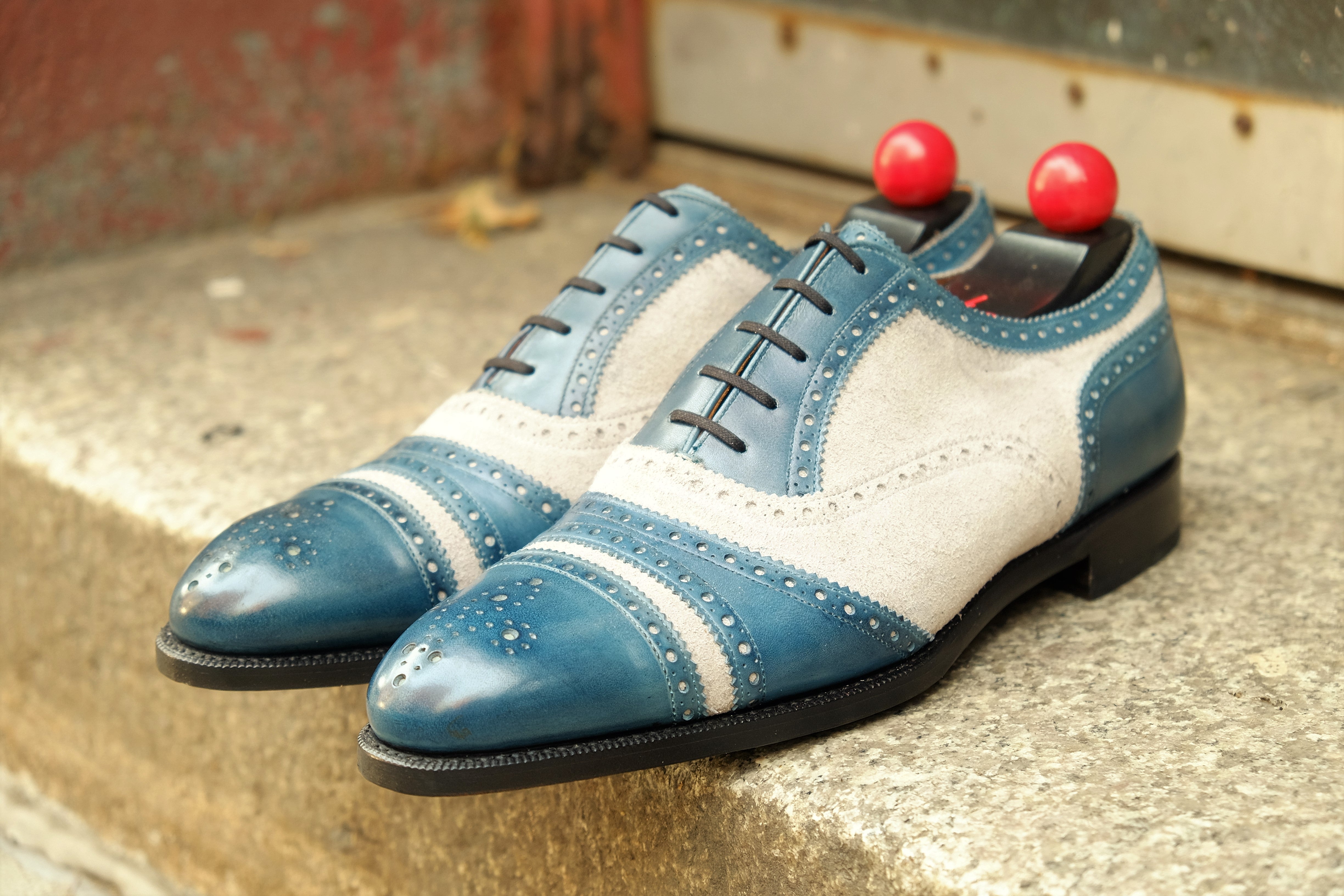 Phillips MTO - Shaded Teal Calf / Pearl Suede - NGT Last - Single Leather Sole-Made To Order Captoe Cap Toe Tarsal Brogue Spectator Oxfords-J.FitzPatrick Footwear